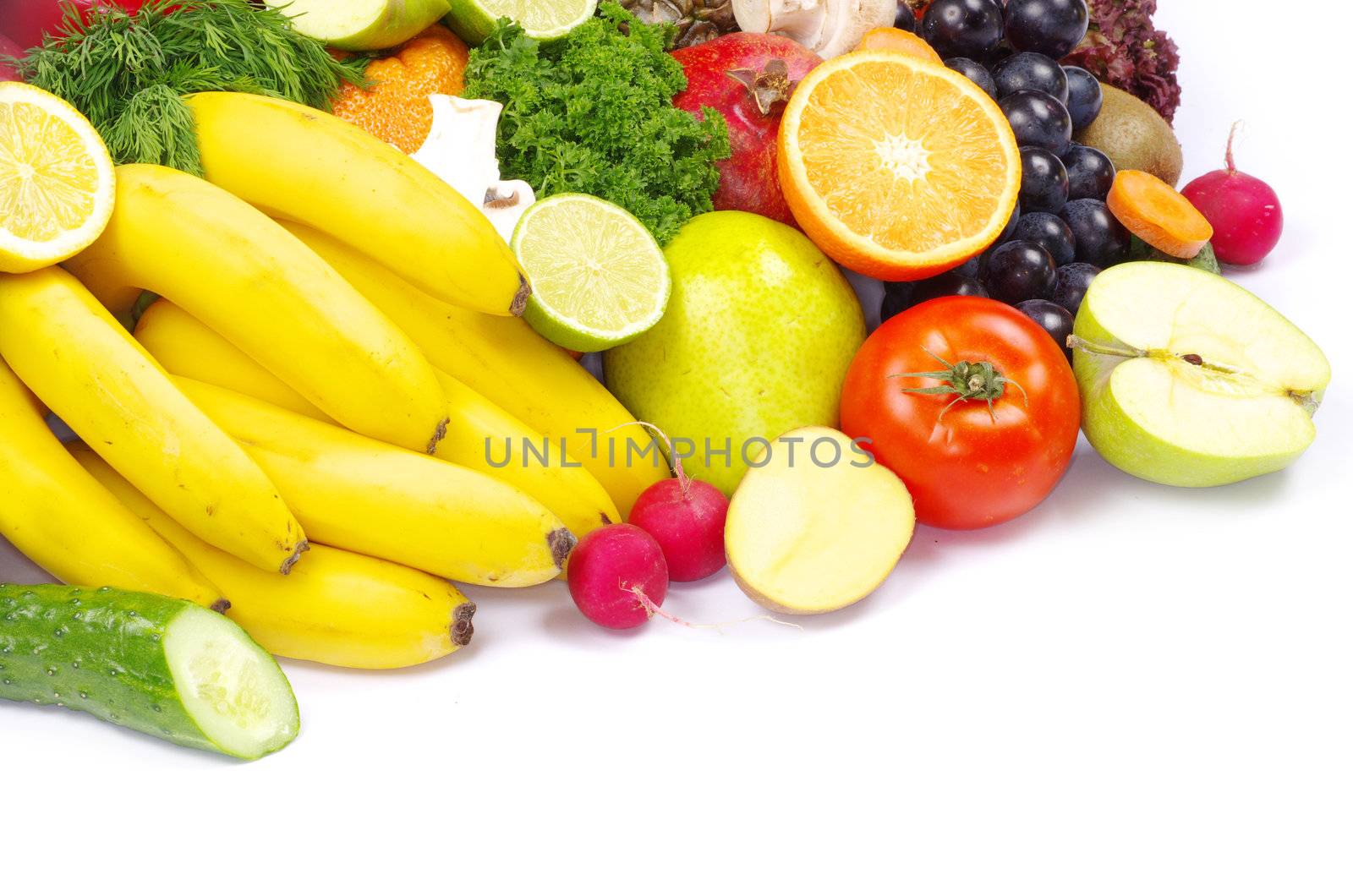 vegetables and fruits on white