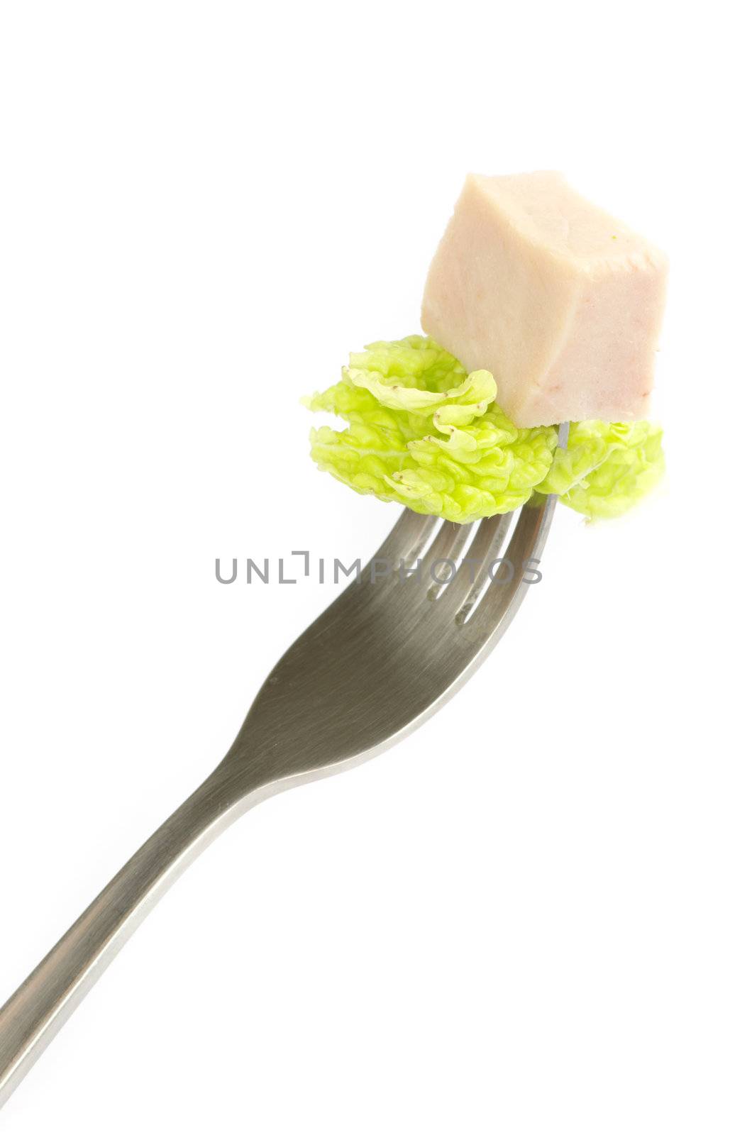 Meat on a fork isolated on white background