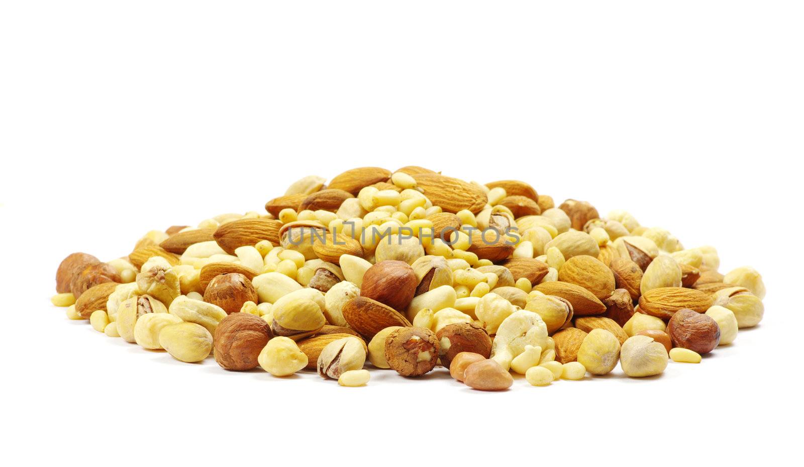 Assorted mixed nuts on white background