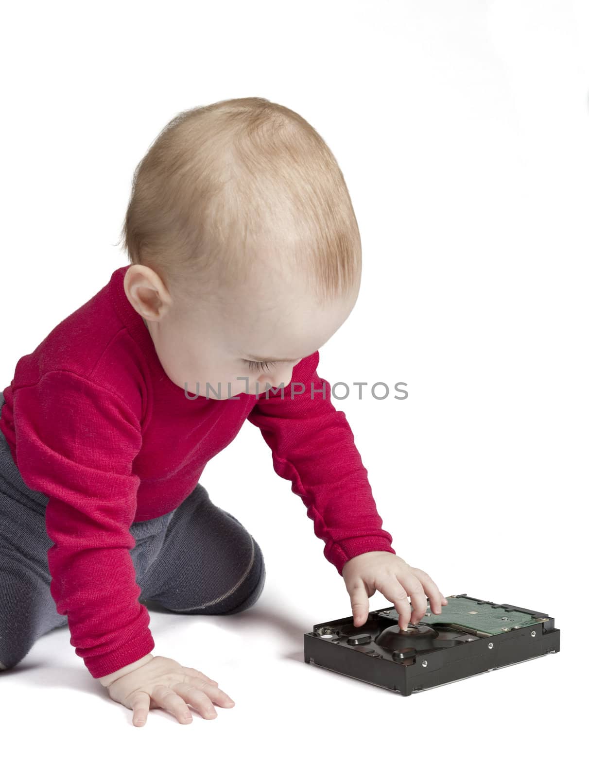 young child in white background with hard drive by gewoldi