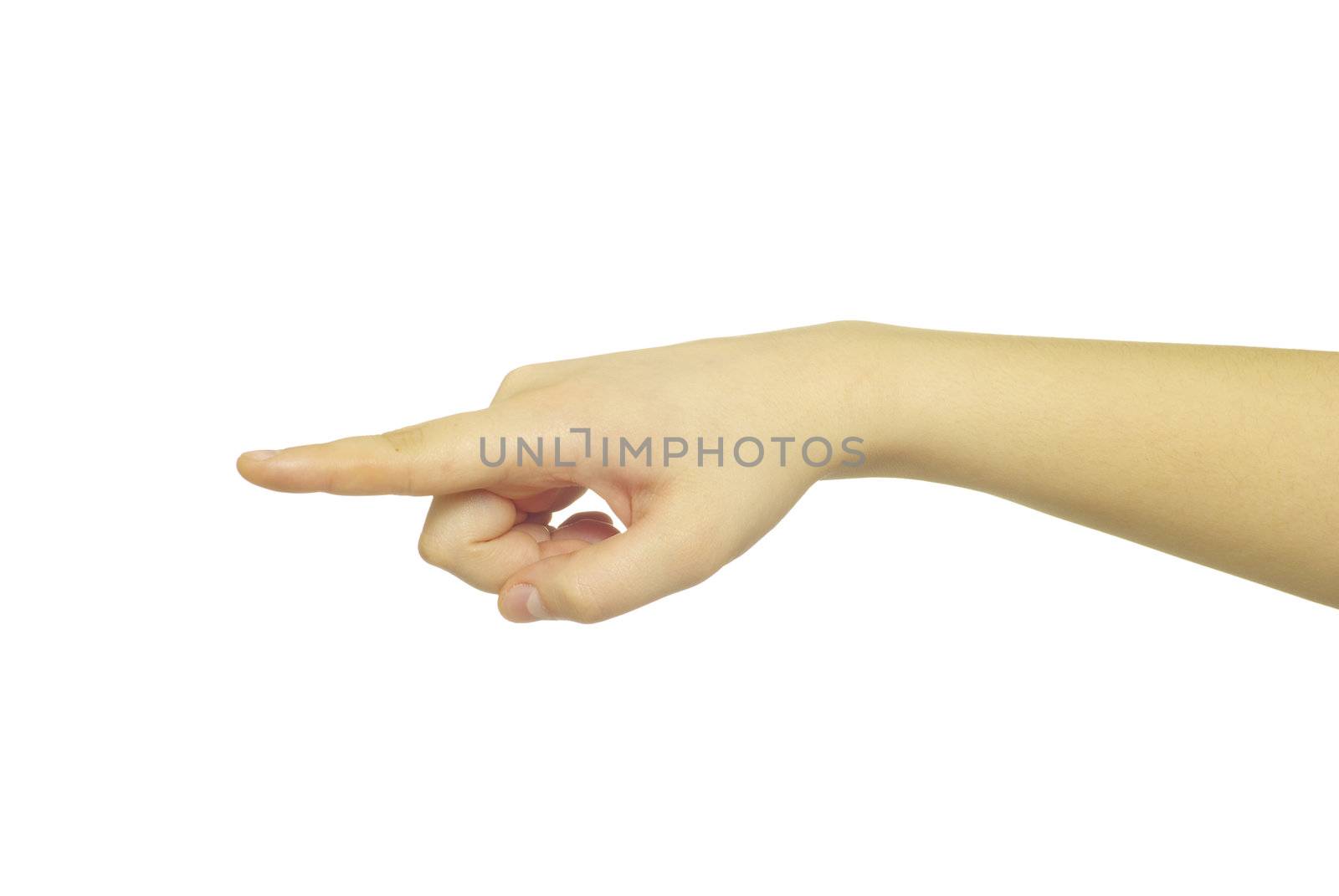  hand pointing with index finger against a white background