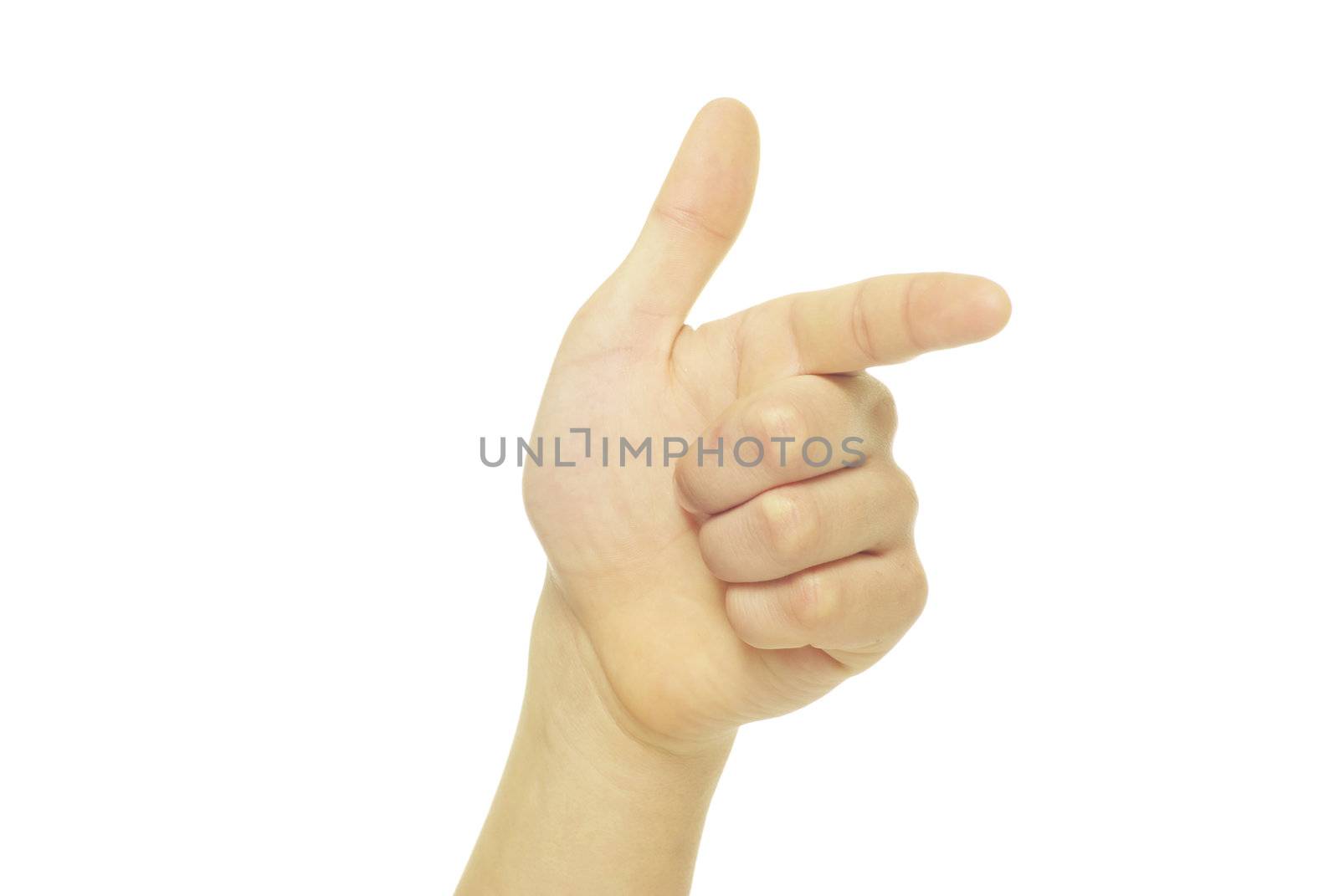  hand pointing with index finger against a white background