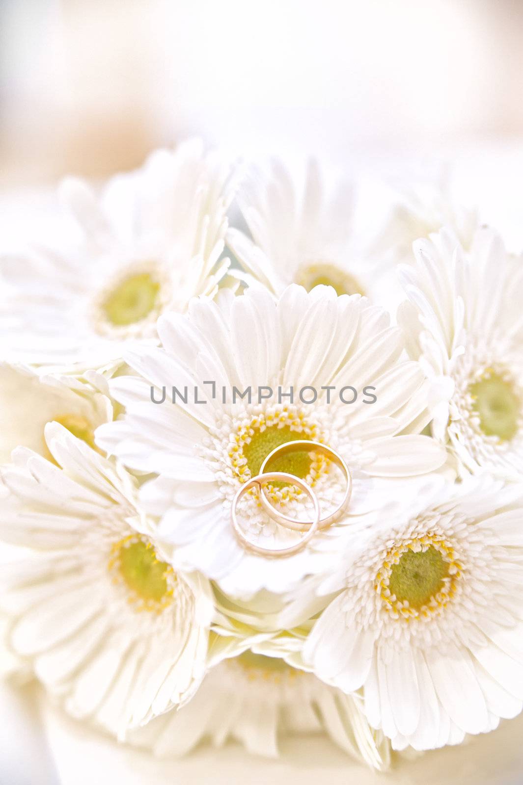 Twi wedding rings on a bouquet of white flowers