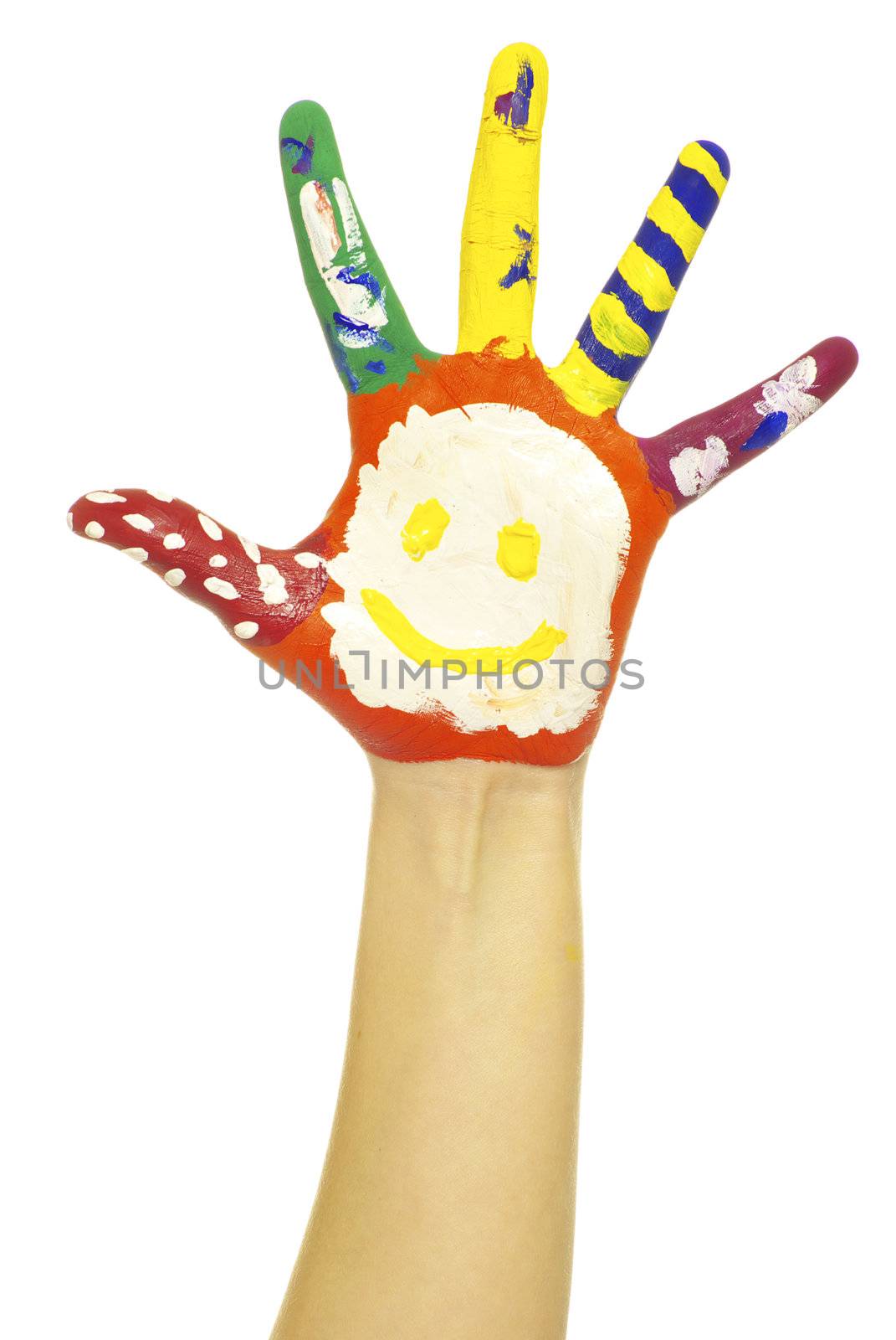 hand painted in colorful paints on white