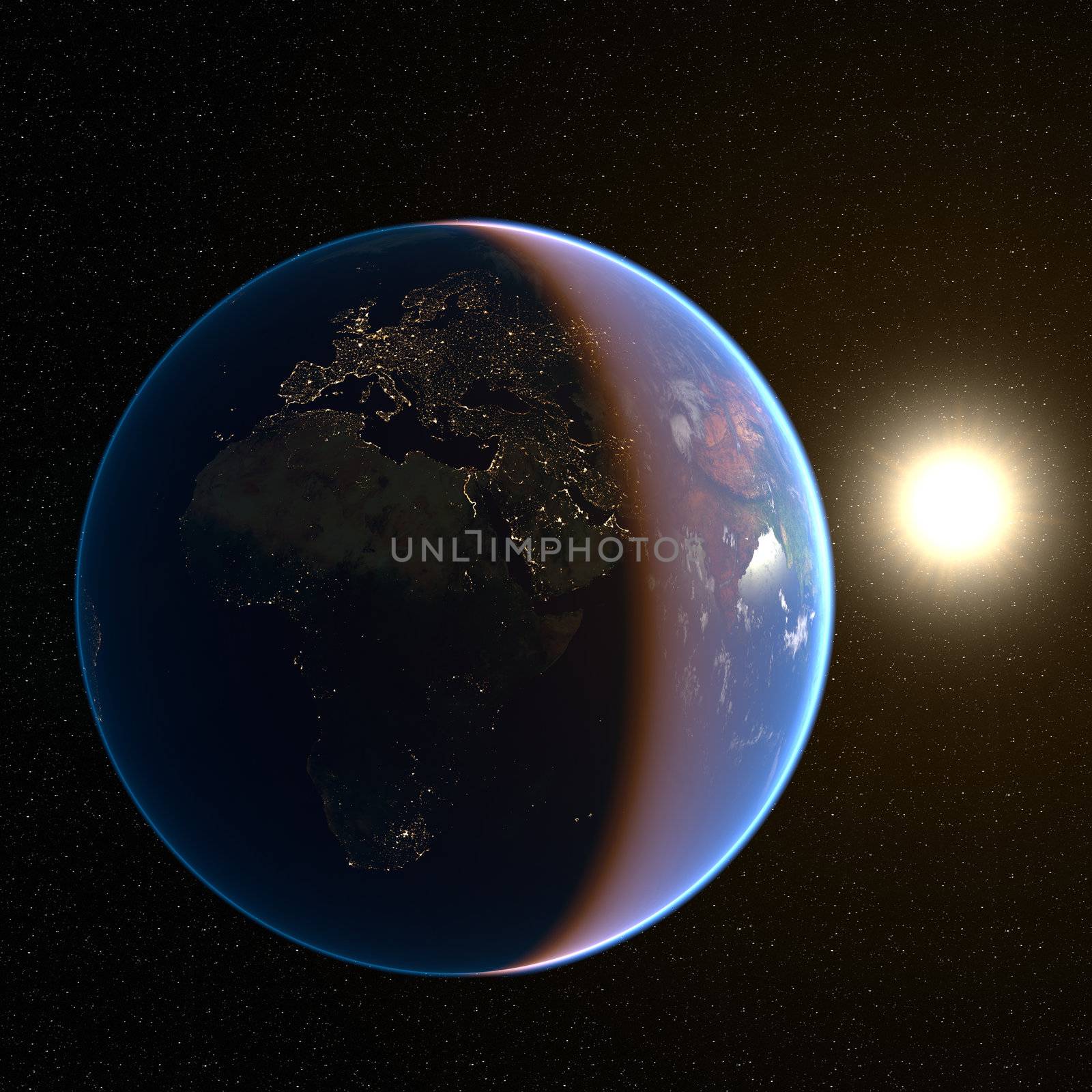 3d generated image with some light sources, reflections and post-processing. Earth maps courtesy of NASA: http://visibleearth.nasa.gov/