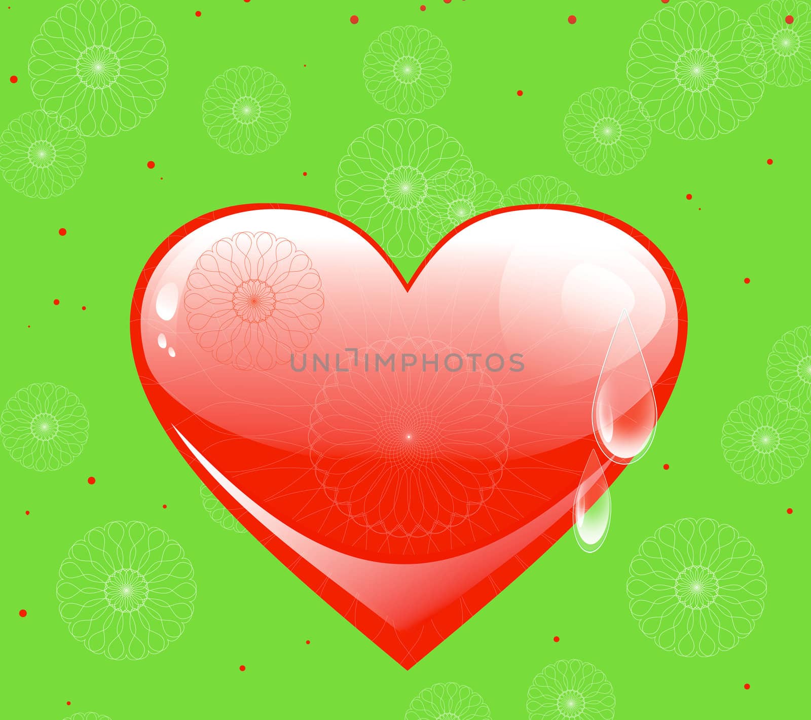 Red heart with a  tears on a green background: abstract illustration