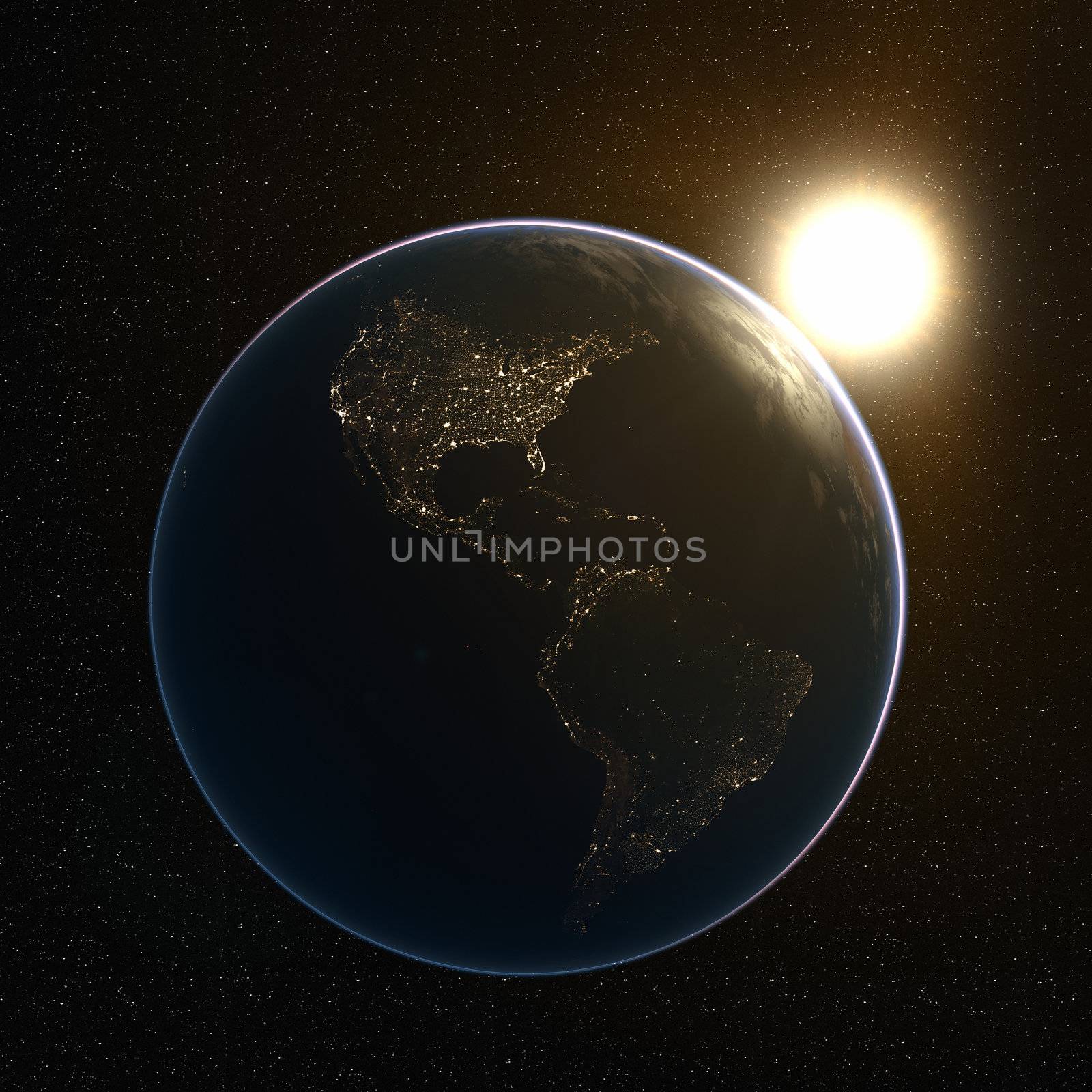 Dark side of earth, only lit by the bright city lights of America. Earth maps courtesy of NASA: http://visibleearth.nasa.gov/