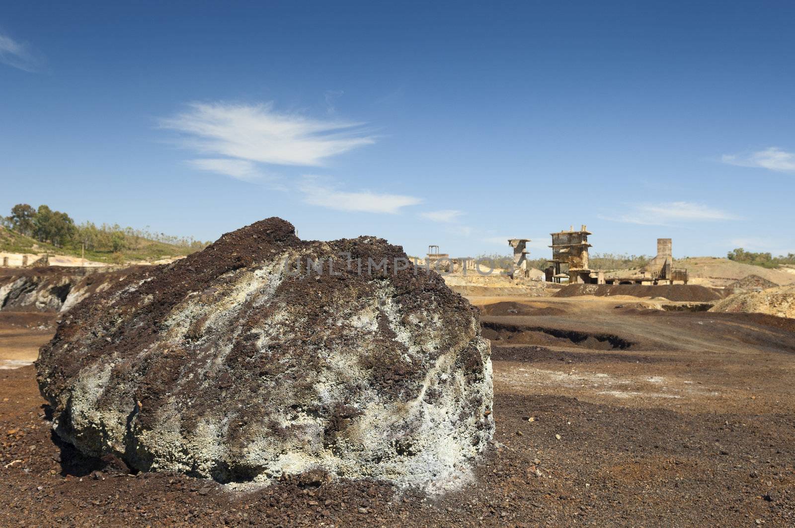 Damaged buildings in São Domingos Mine, a deserted open-pit mine in Mertola, Alentejo, Portugal. This site is one of the volcanogenic massive sulfide ore deposits in the Iberian Pyrite Belt, which extends from the southern Portugal into Spain