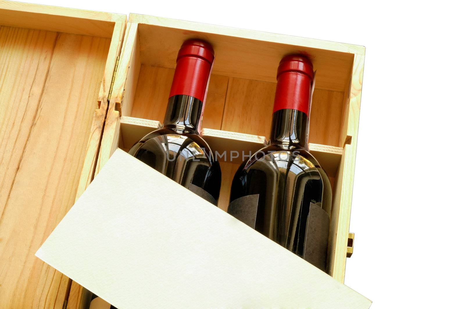 Wood gift box with two wine bottles and blank card (horizontal) with clipping path by Laborer