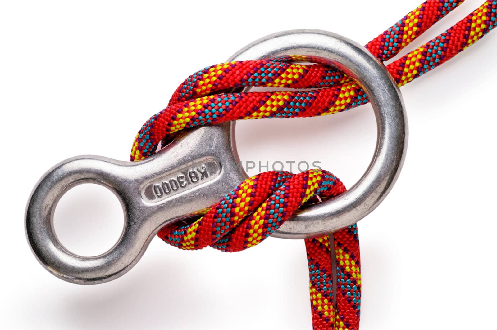 Mountaineering: figure 8 aluminium descender with double rope with clipping path