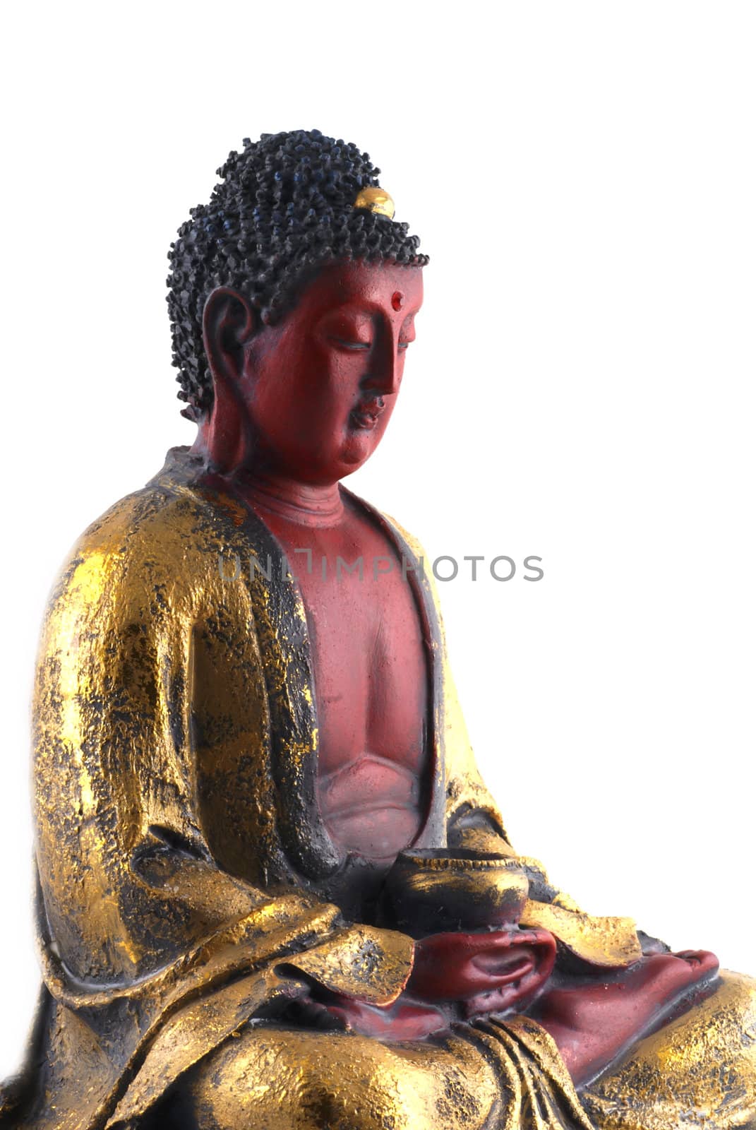 Red buddha in golden clothes isolated on a white background.