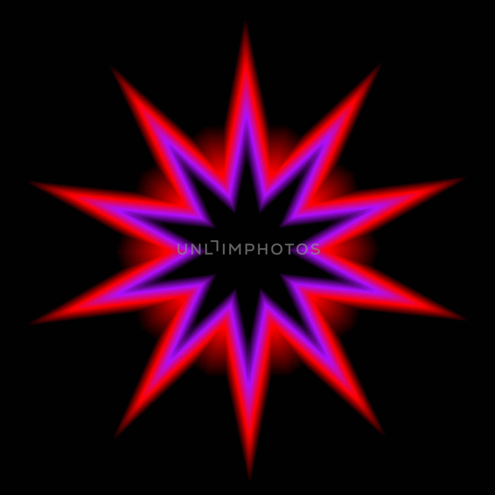 An illustration of a red star with a purple center framing a black core.