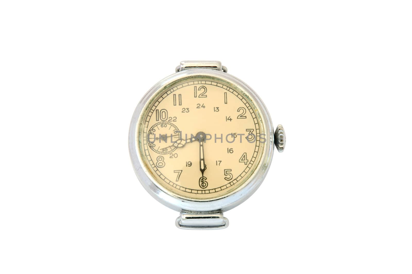 Old wrist watch without wristlet on overwhite background.