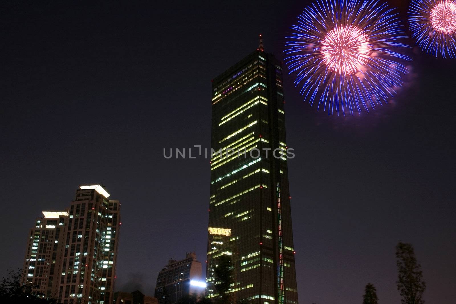 Fireworks with buildings display at han seoul korea
