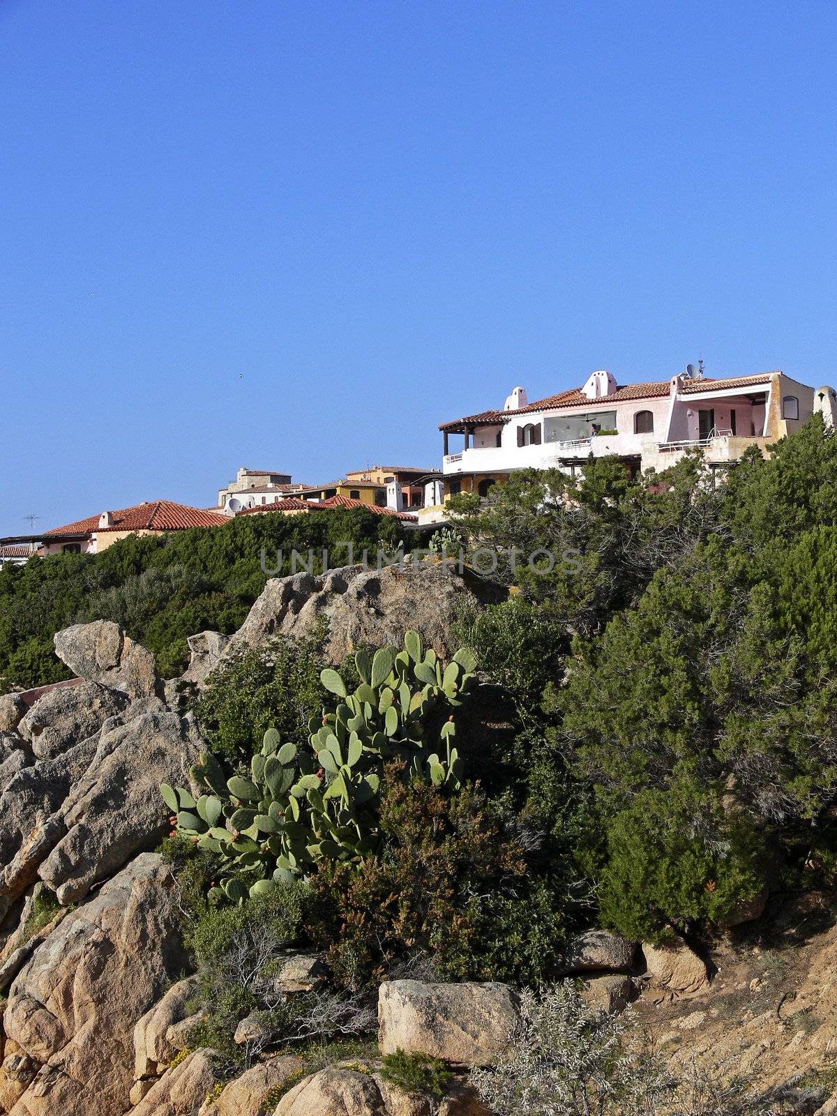 Porto Cervo, Emerald coast, houses in pastel inks, Sardinia. Porto Cervo, Costa Smeralda, Smaragdküste.