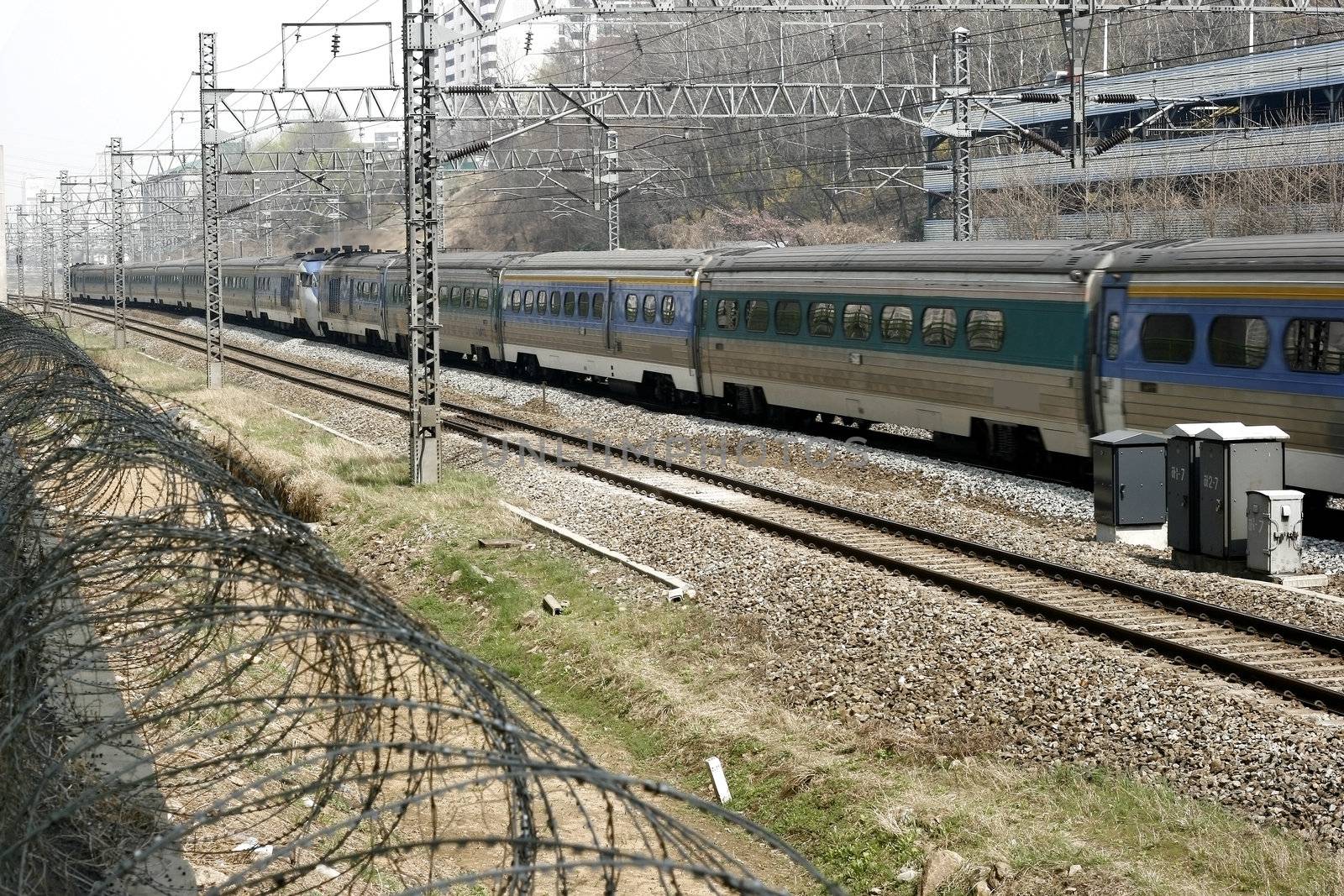 Long Freight Train moving in tracks in Seoul Korea