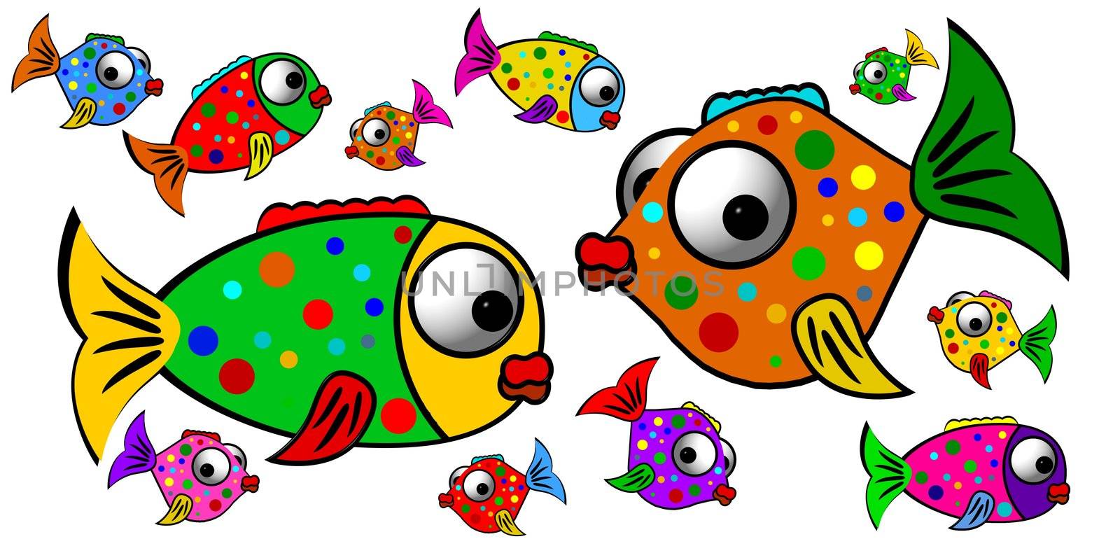 illustration of 12 colorful fishes