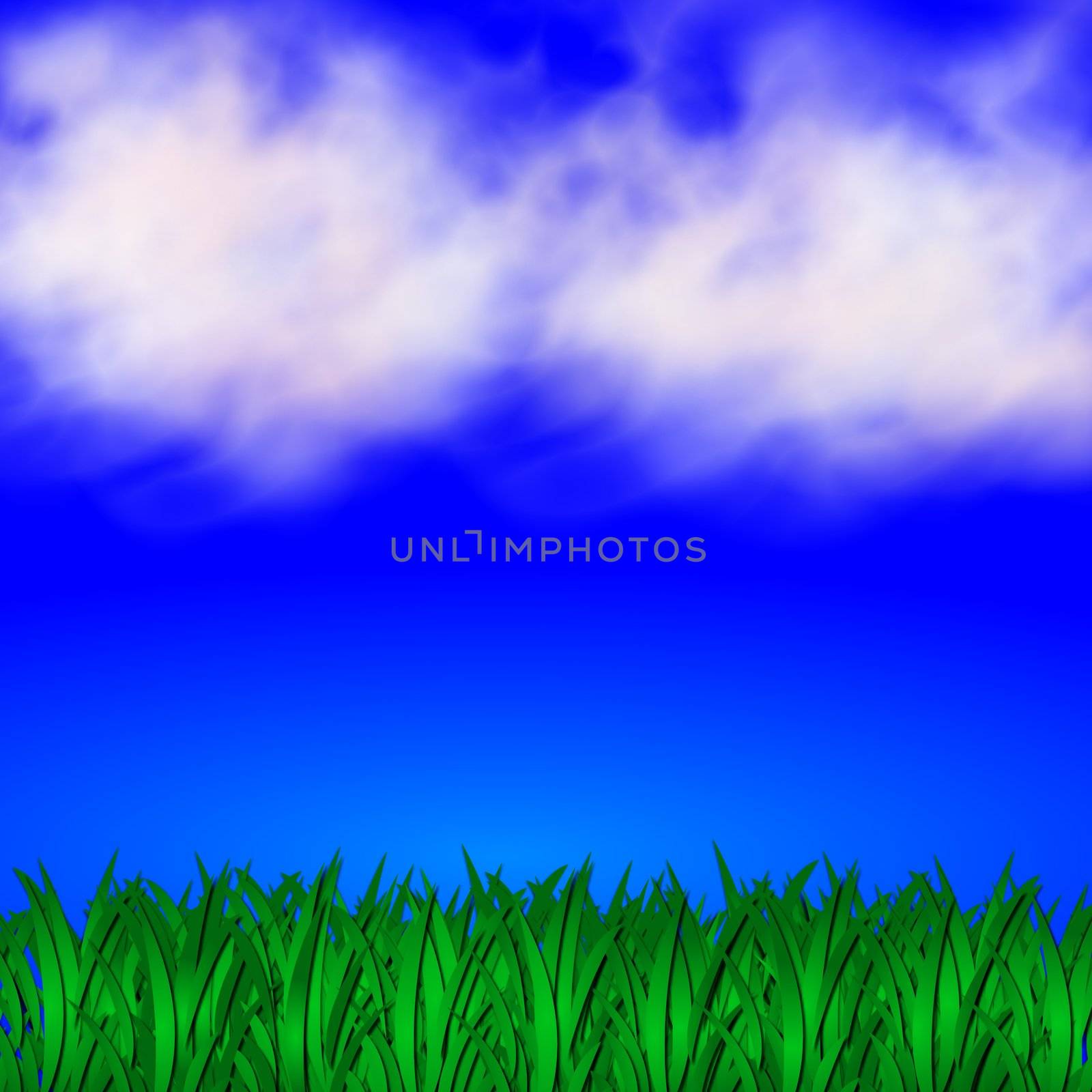 illustration of a blue cloudy sky and fresh green grass