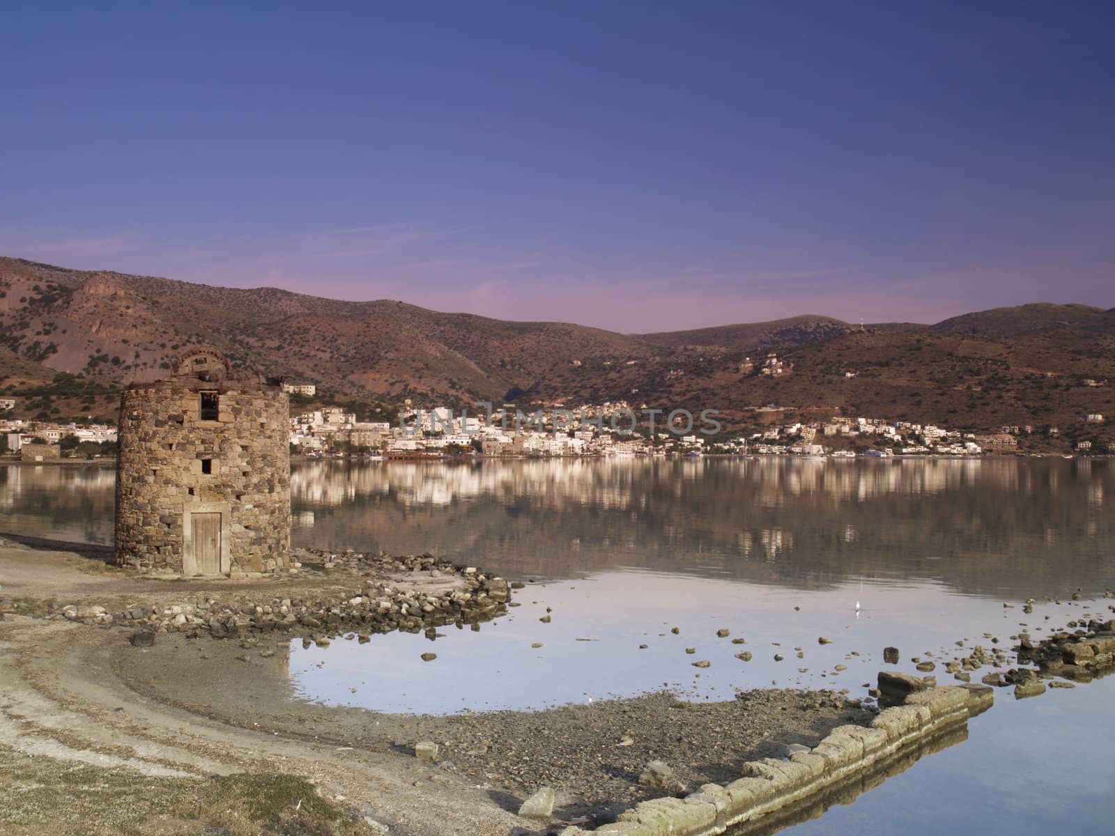 ruins of a mill, elounda, crete, greece in early morning light