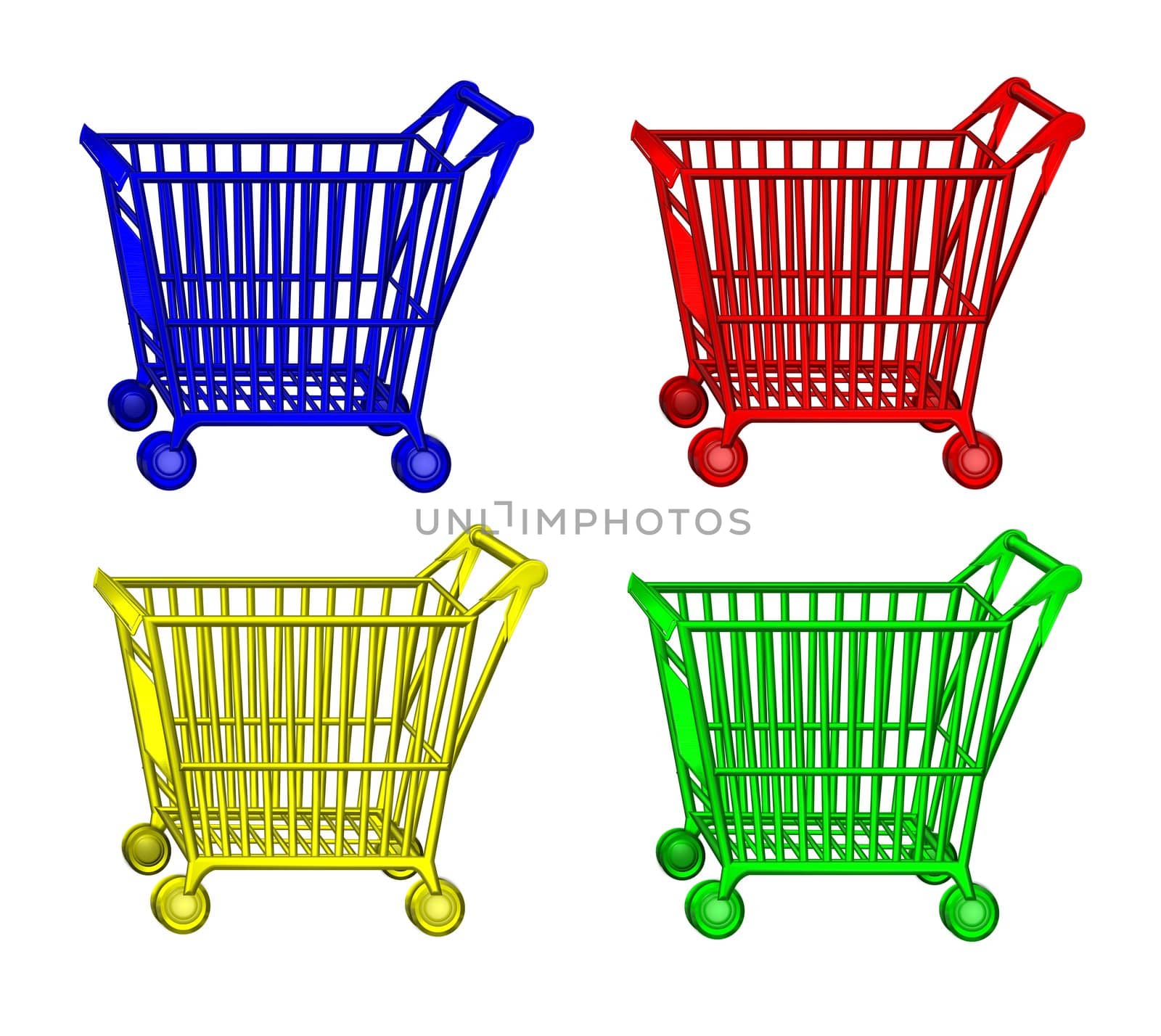 shopping carts in red, blue, yellow and green
