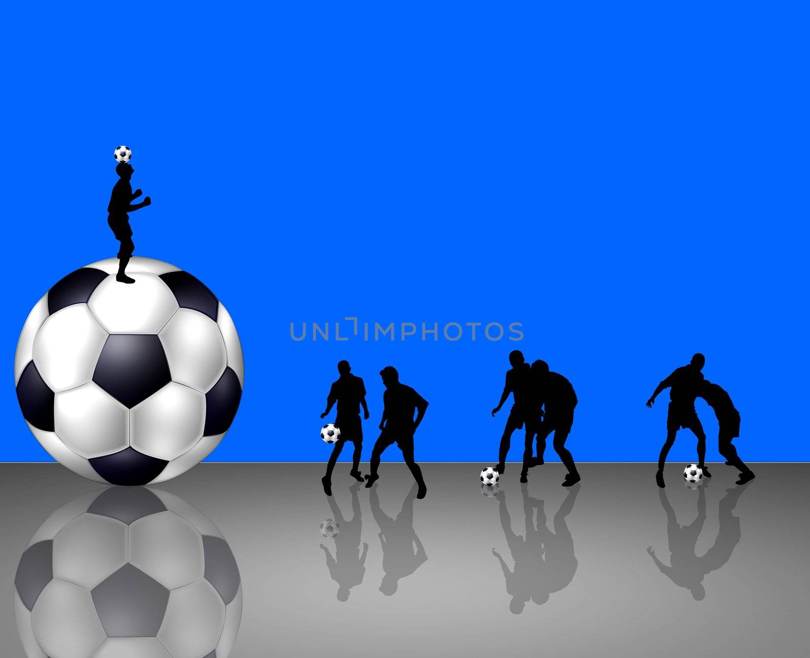 silhouettes playing soccer on a blue background