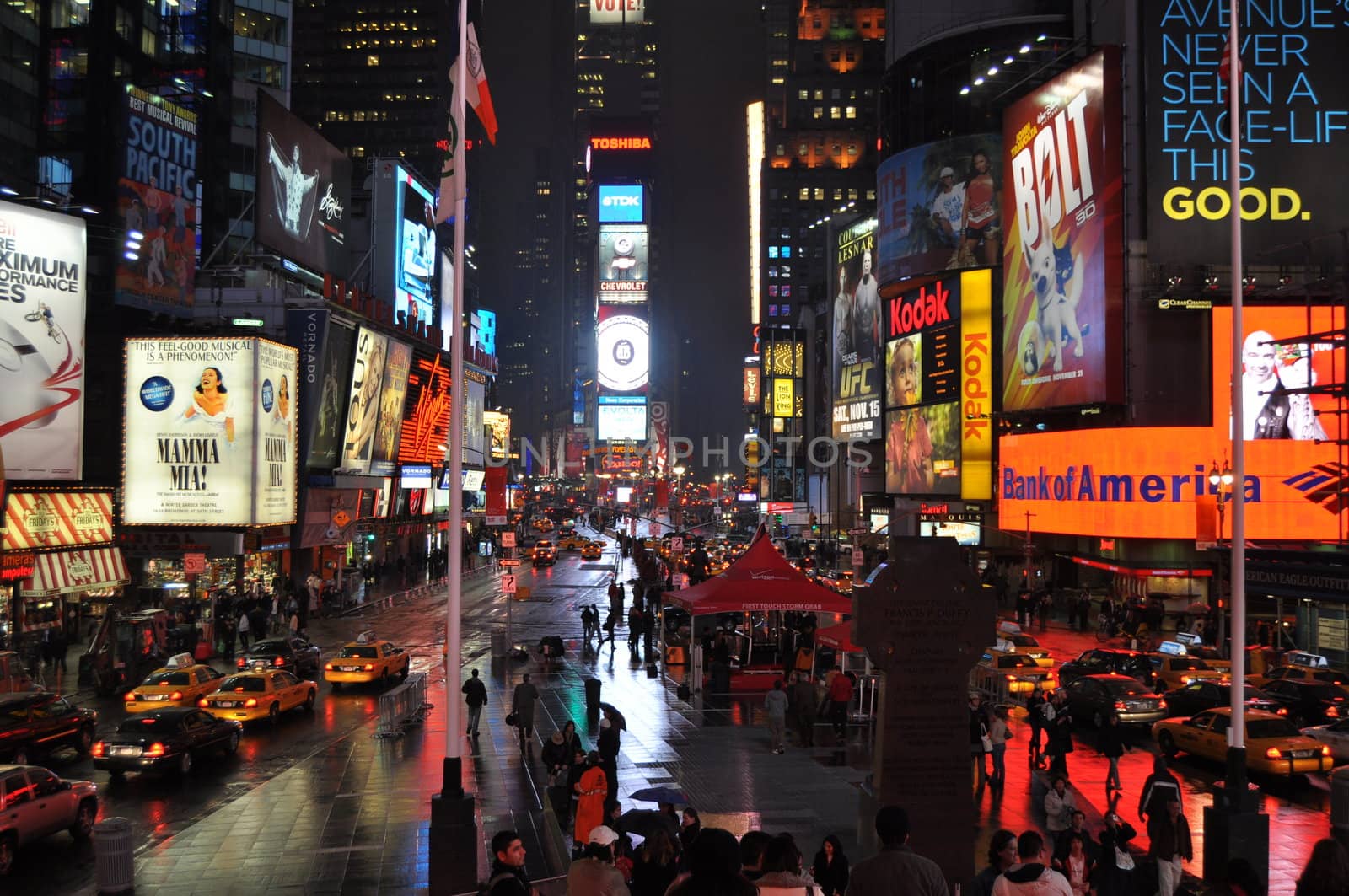 Times square in New york on a rainy evening.