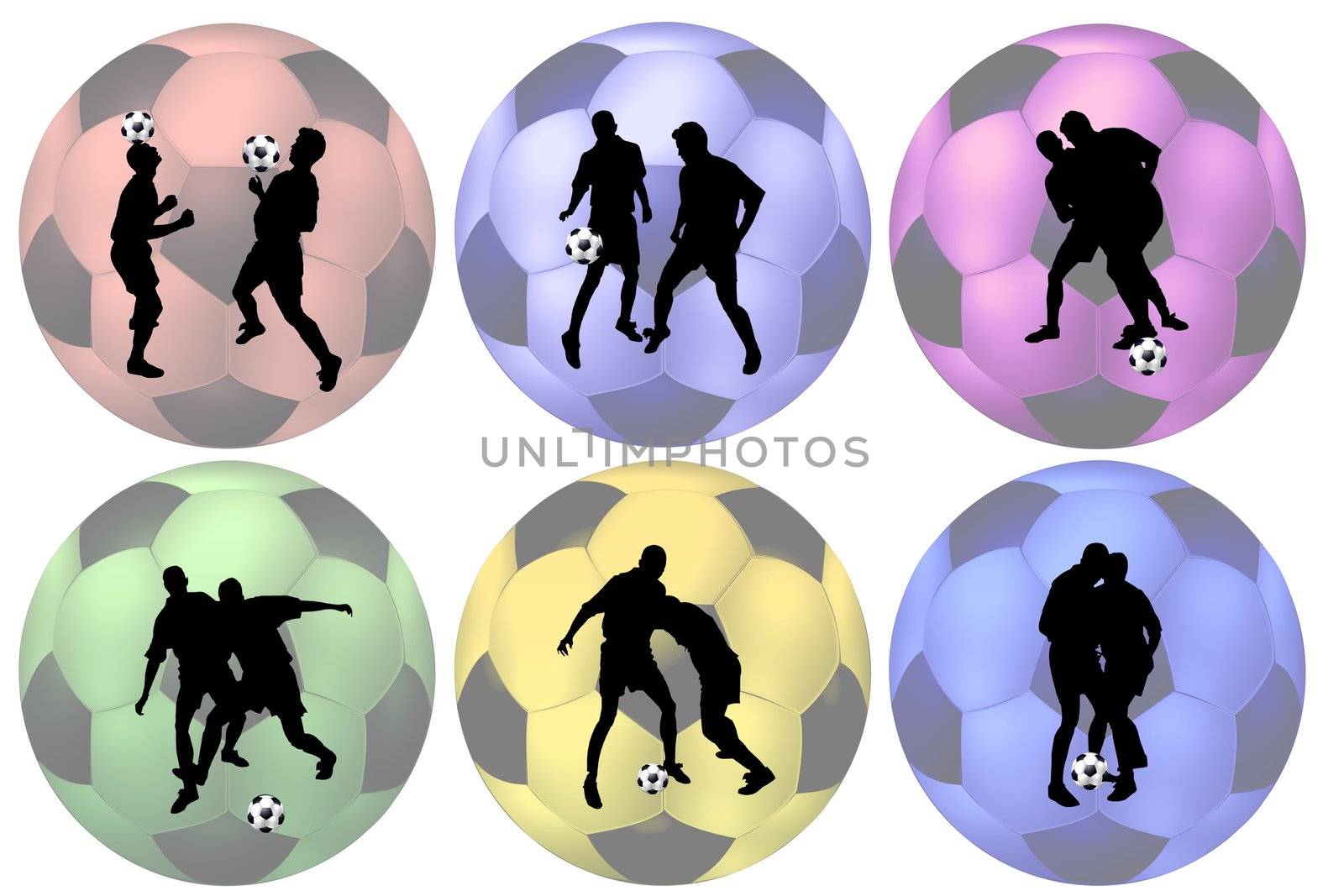 six soccer balls in different colors