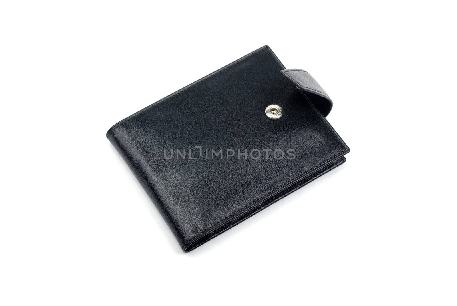 Black leather business card holder isolated on white background