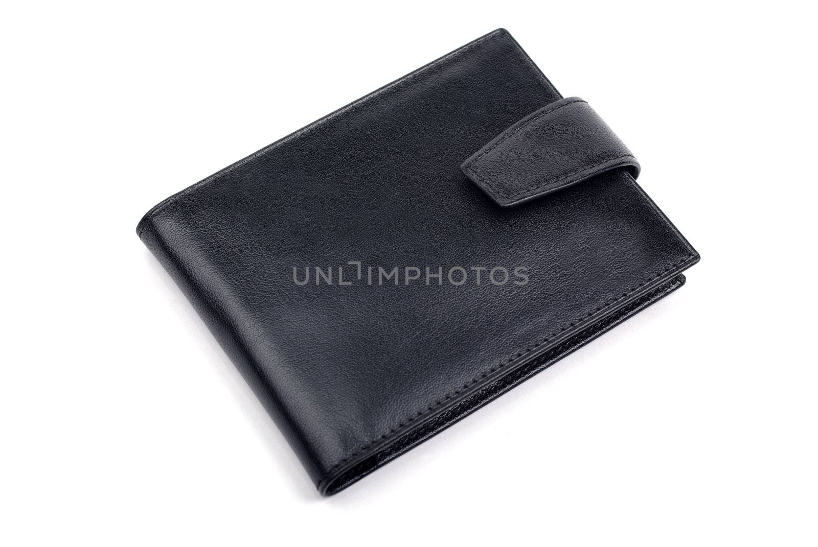 Closed black leather business card holder isolated on white background