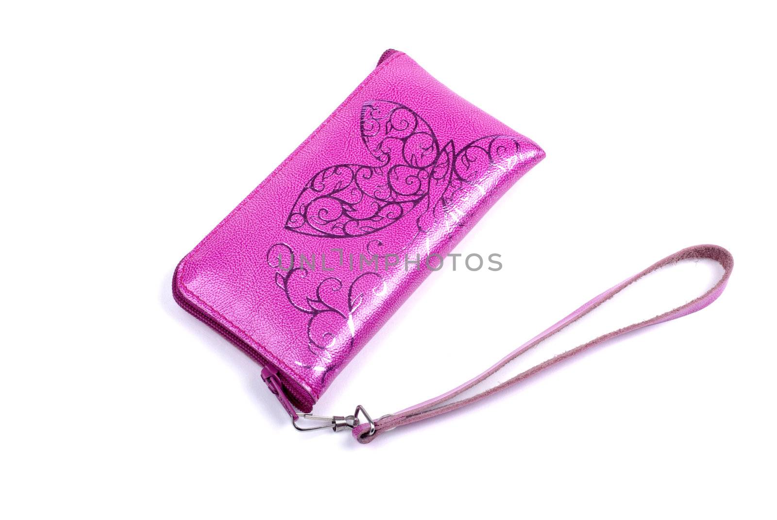 Shiny pink leather case for phone isolated on white background.