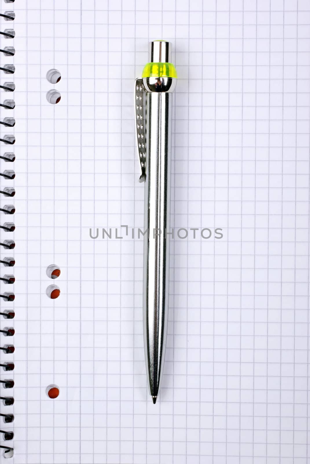 Ballpoint metallic pen laying on spiral notebook.