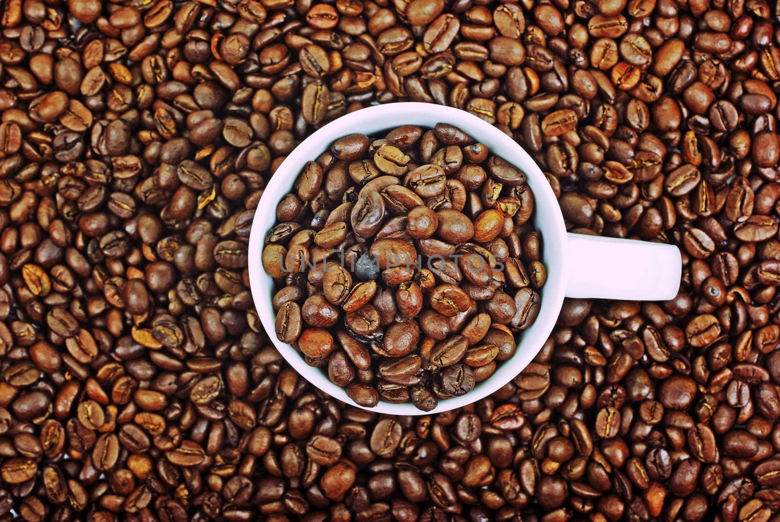 White cup full of coffee on brown roasted beans background.