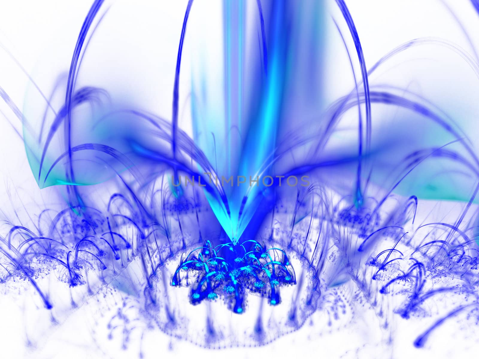 Digitally rendered blue fountain of plasma flame on white.