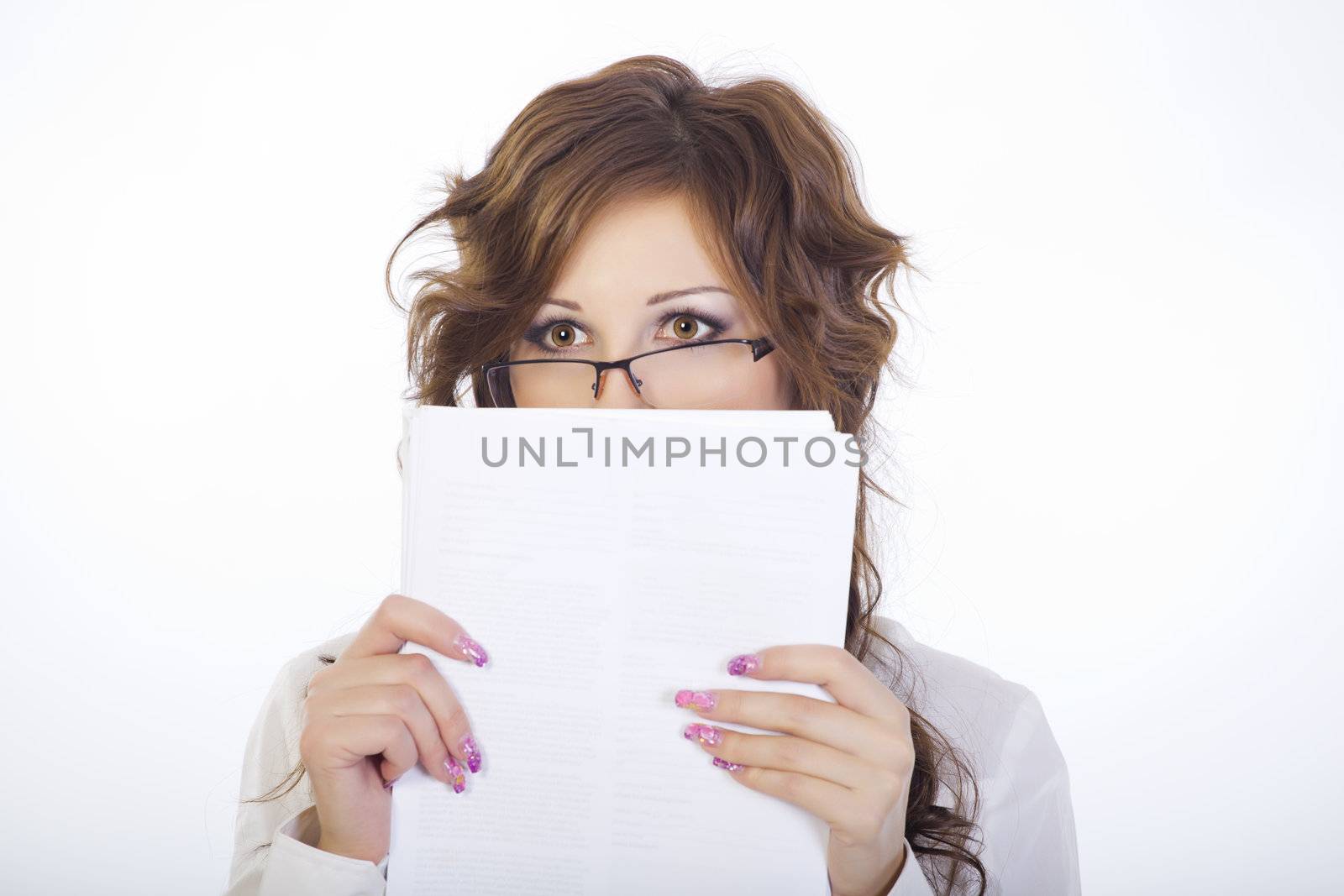 Portrait of a girl on a white background Covers the individual documents The concept, fear, surprise, guilt