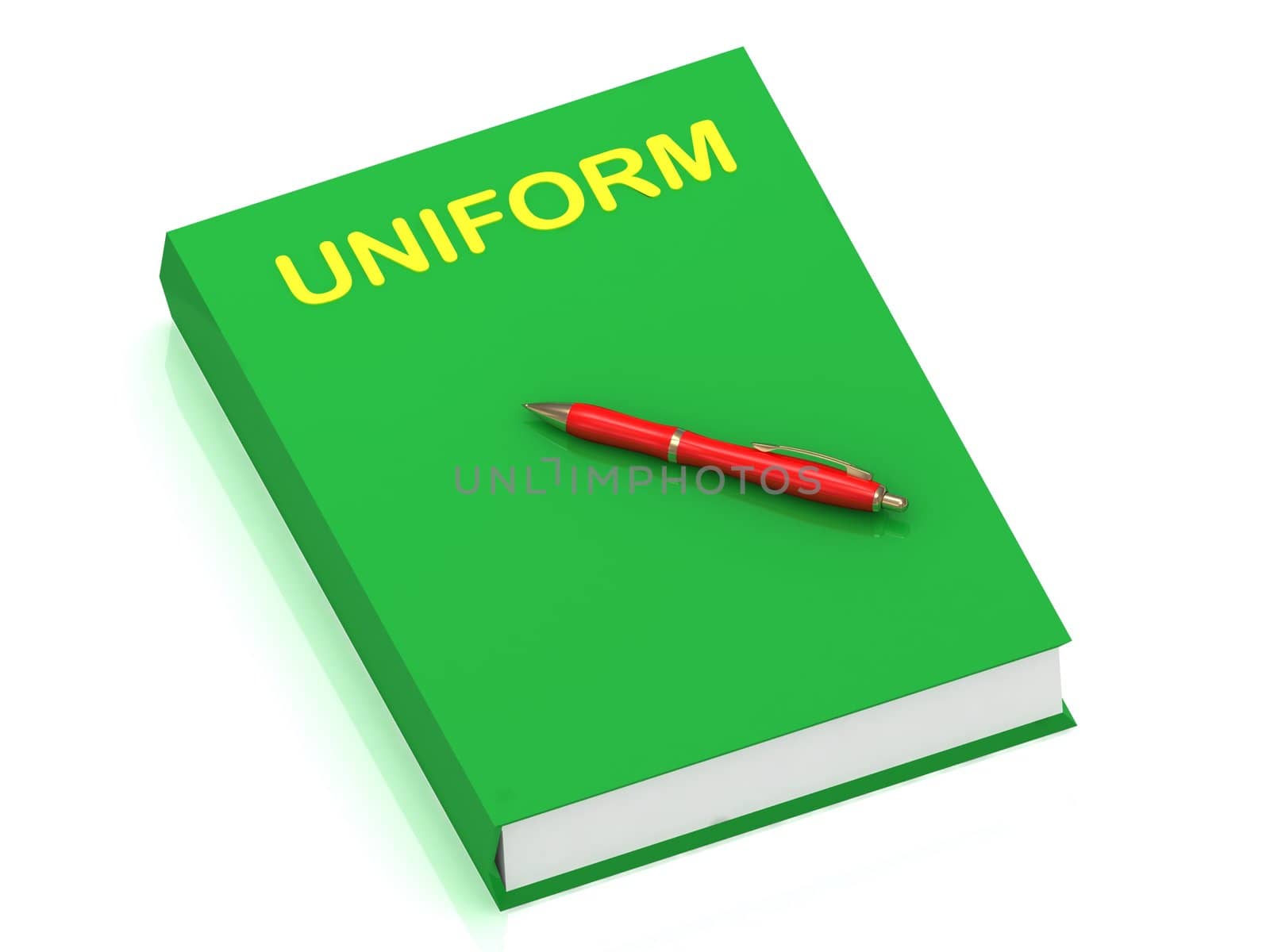 UNIFORM name on cover book and red pen on the book. 3D illustration isolated on white background