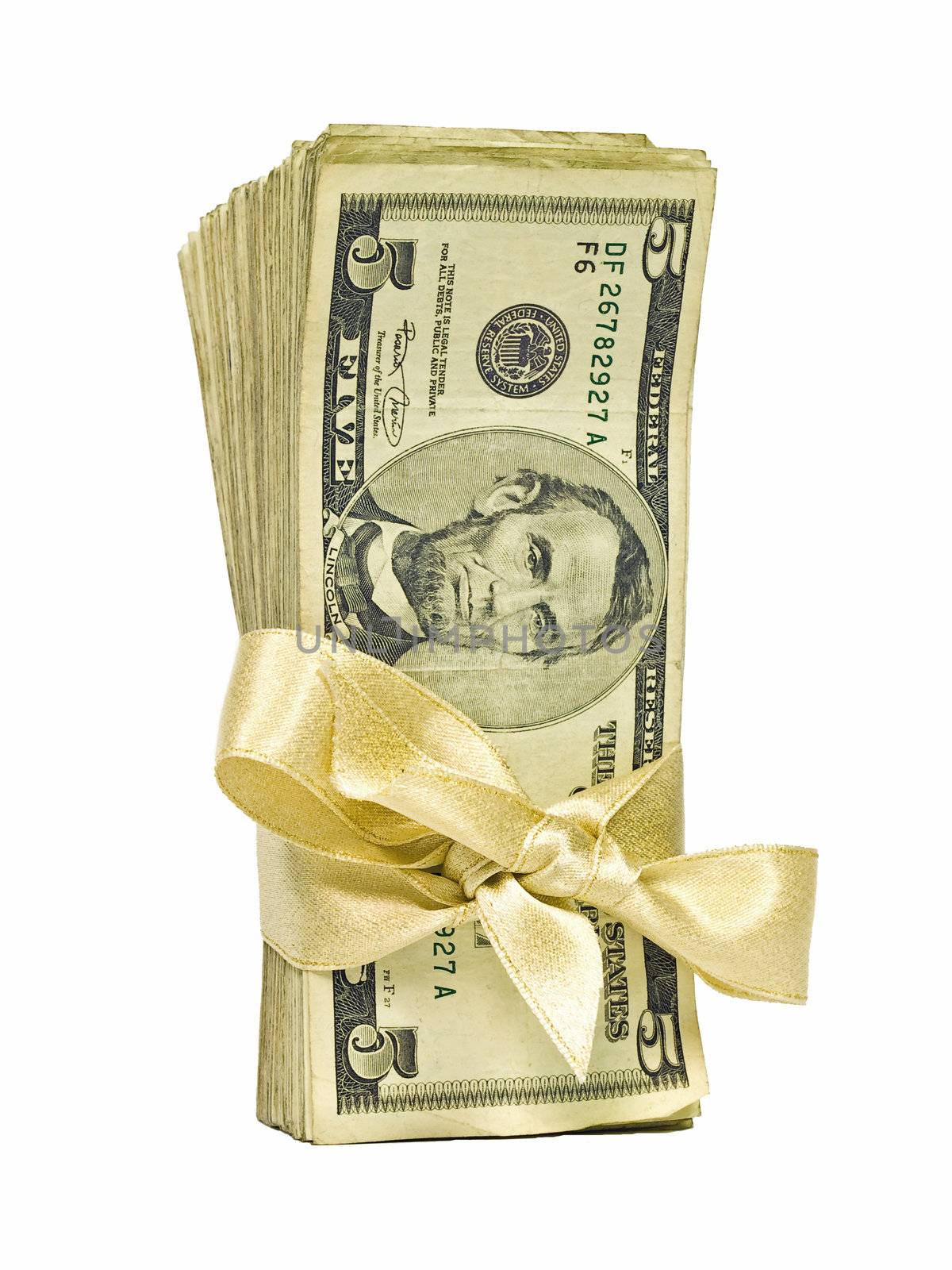 Money Bundle in a Gold Ribbon $5 Bills