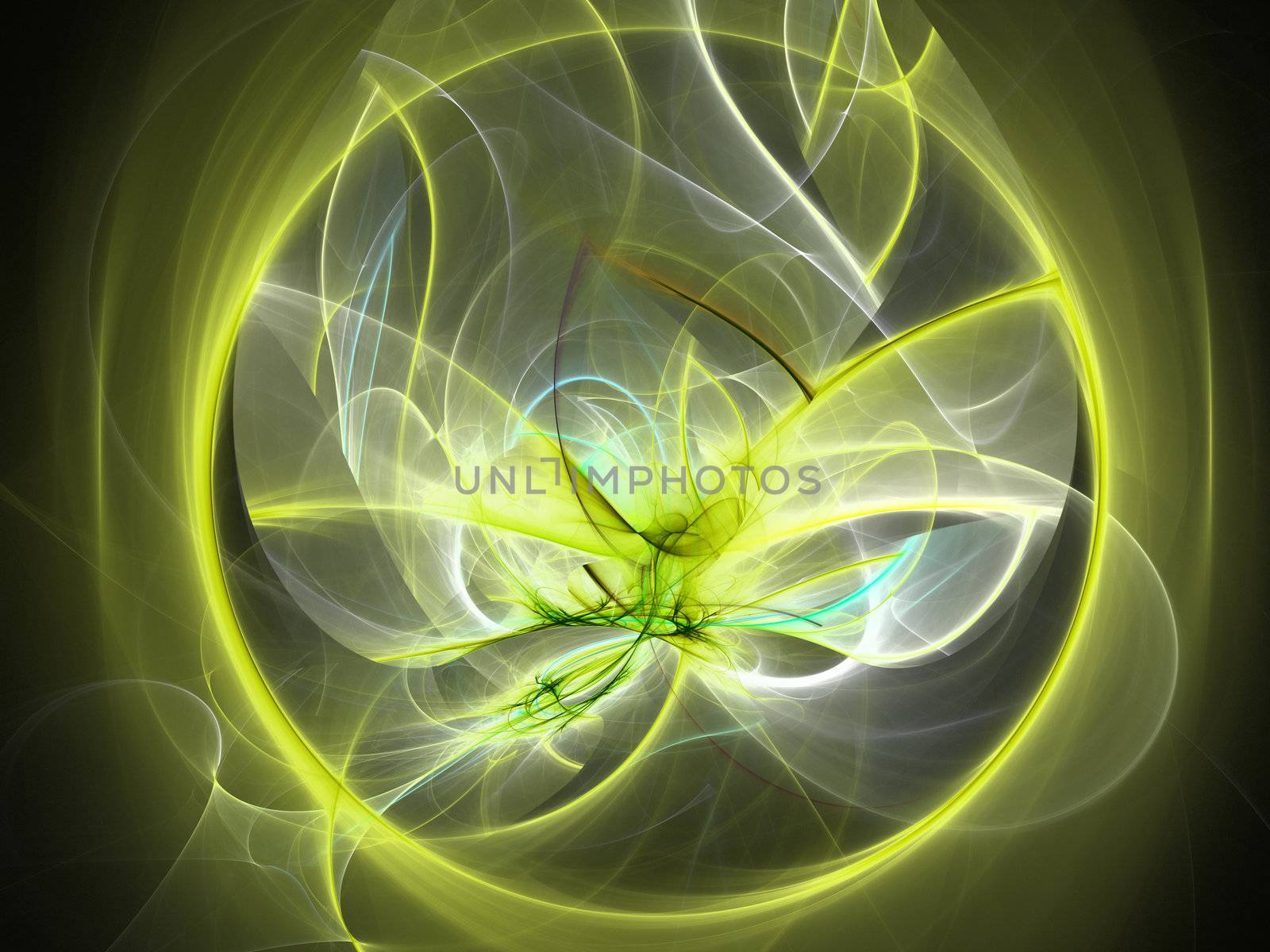 Digitally rendered abstract yellow butterfly in circle with energy waves. Background or wallpaper.