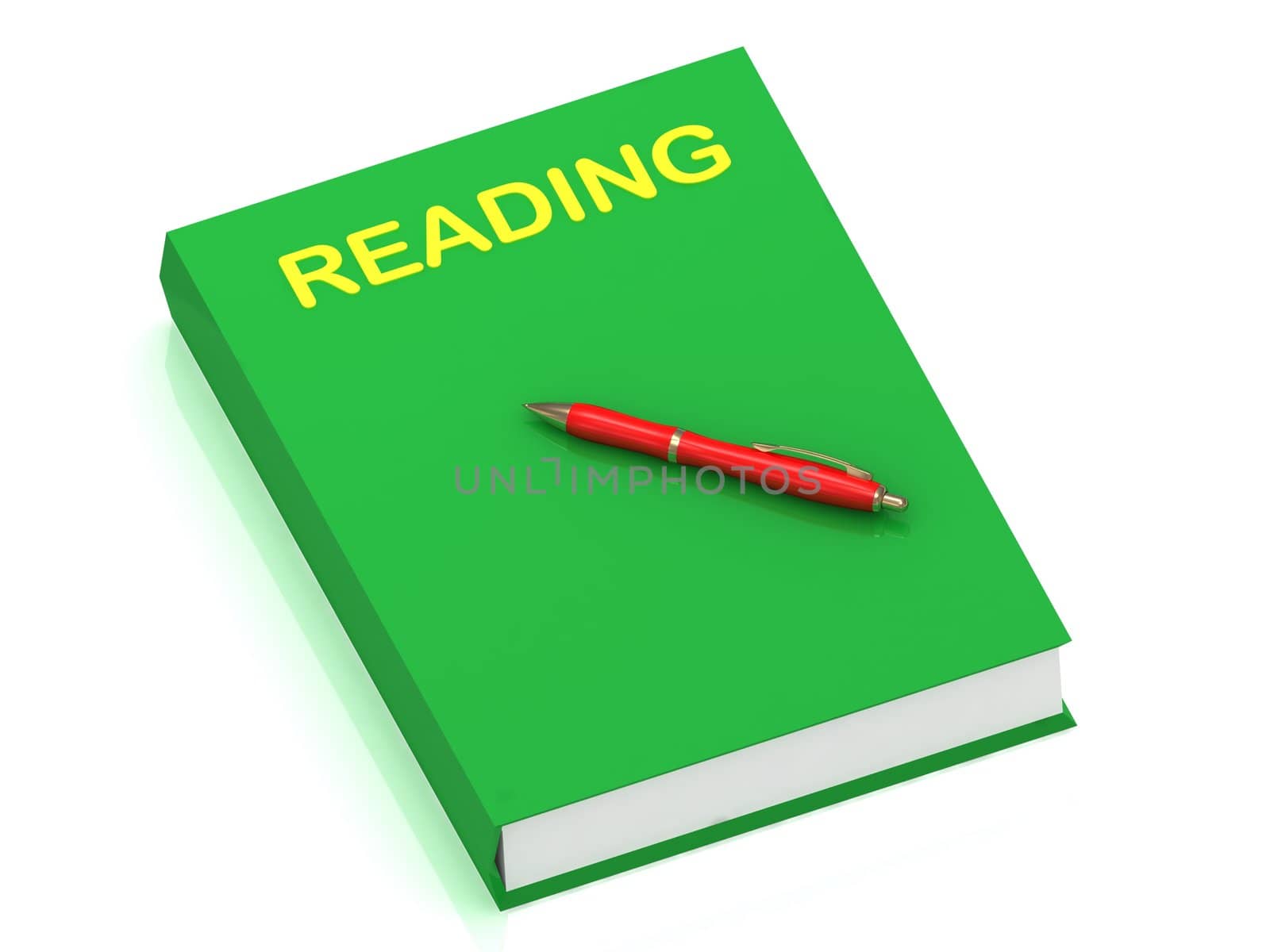 READING name on cover book and red pen on the book. 3D illustration isolated on white background