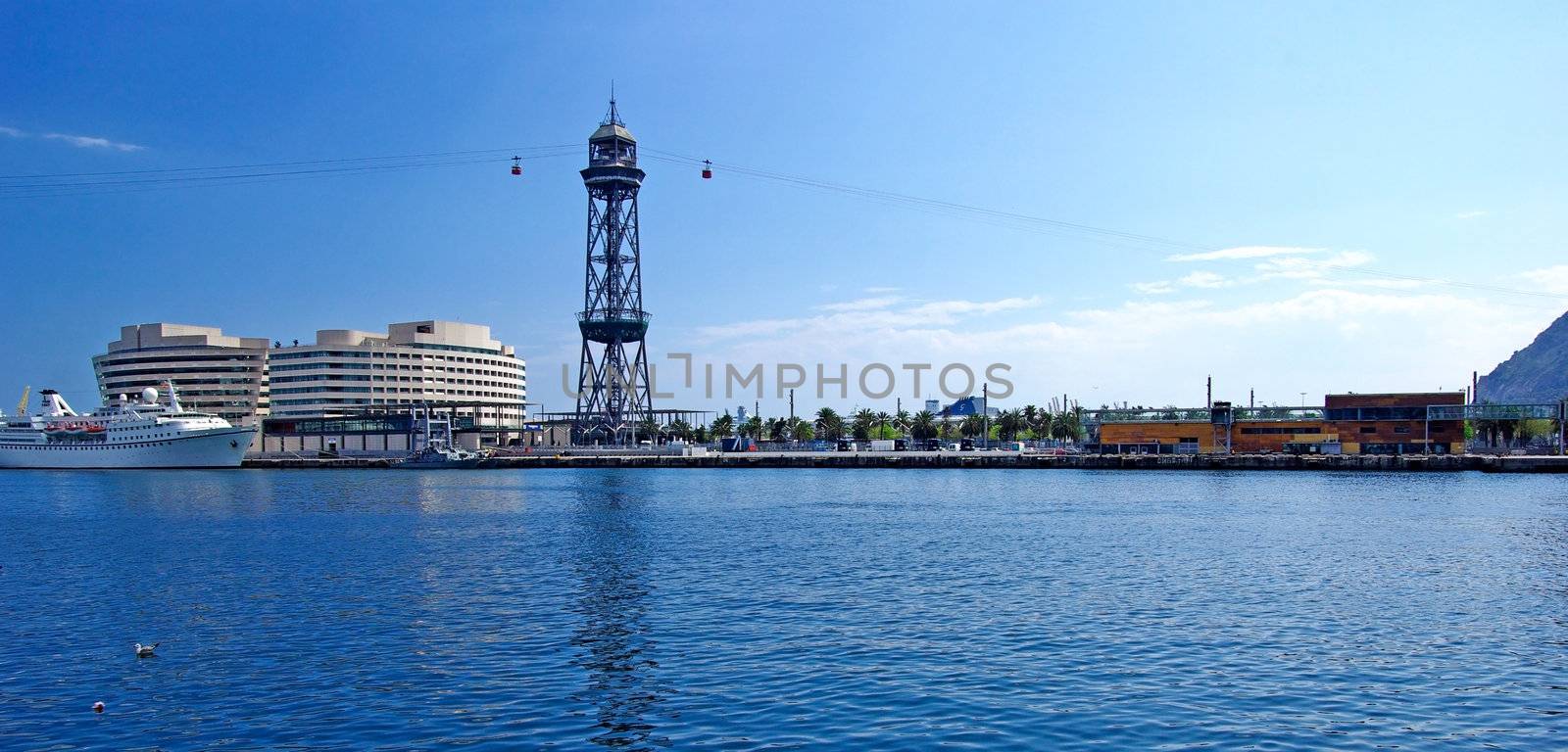 Panoramic cityscape of Barcelona harbour with ropeway. Spain, Europe.