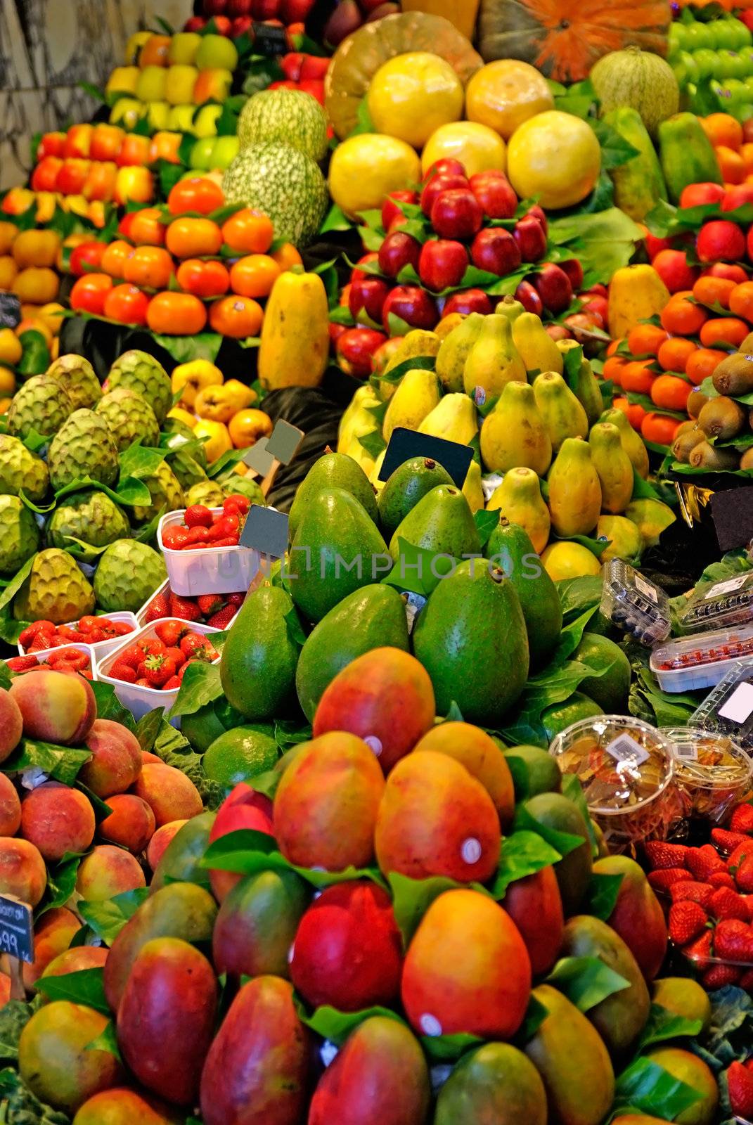 Fruits. World famous Barcelona market, Spain. Selective focus.