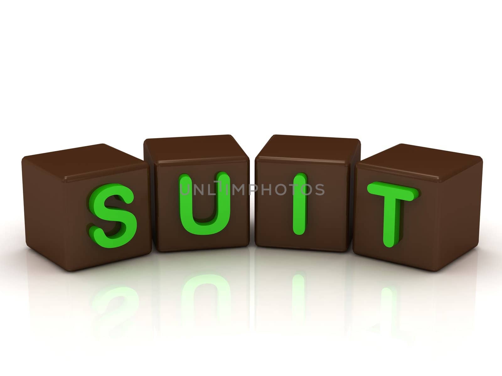 SUIT inscription bright green letters on the cubes of chocolate isolated on white background