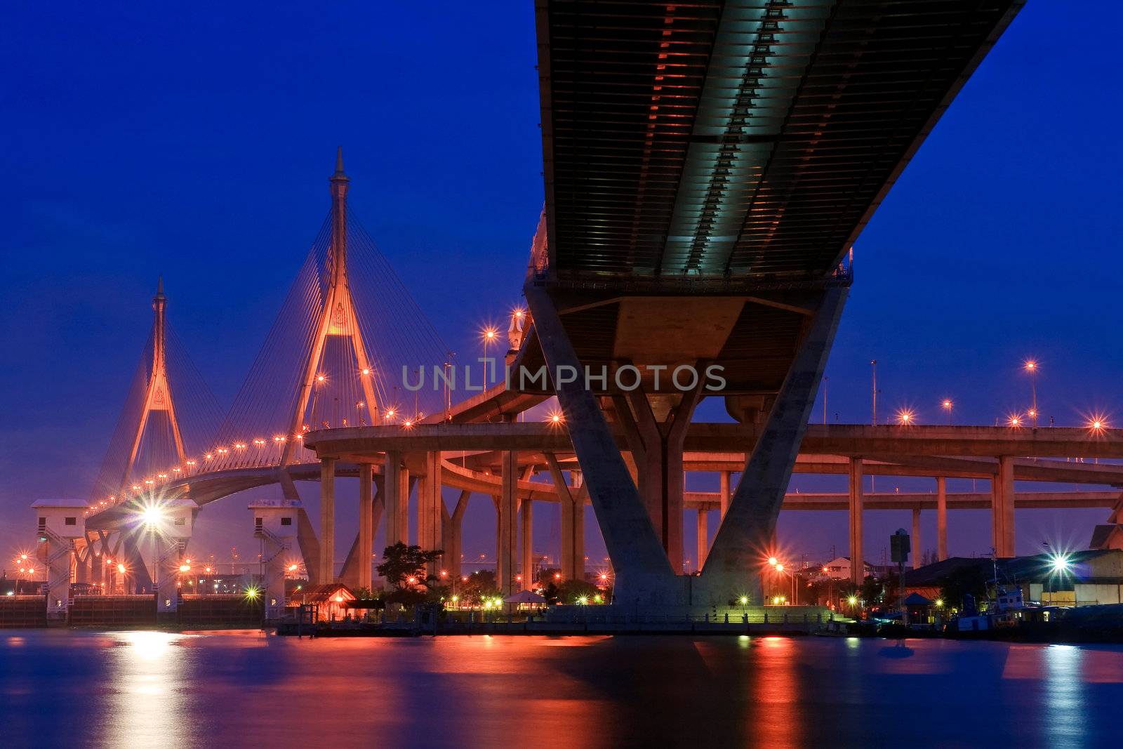 Bhumibol Bridge in Thailand, also known as the Industrial Ring  Bridge or Mega Bridge, in Thailand at dusk. The bridge crosses the Chao Phraya River twice.