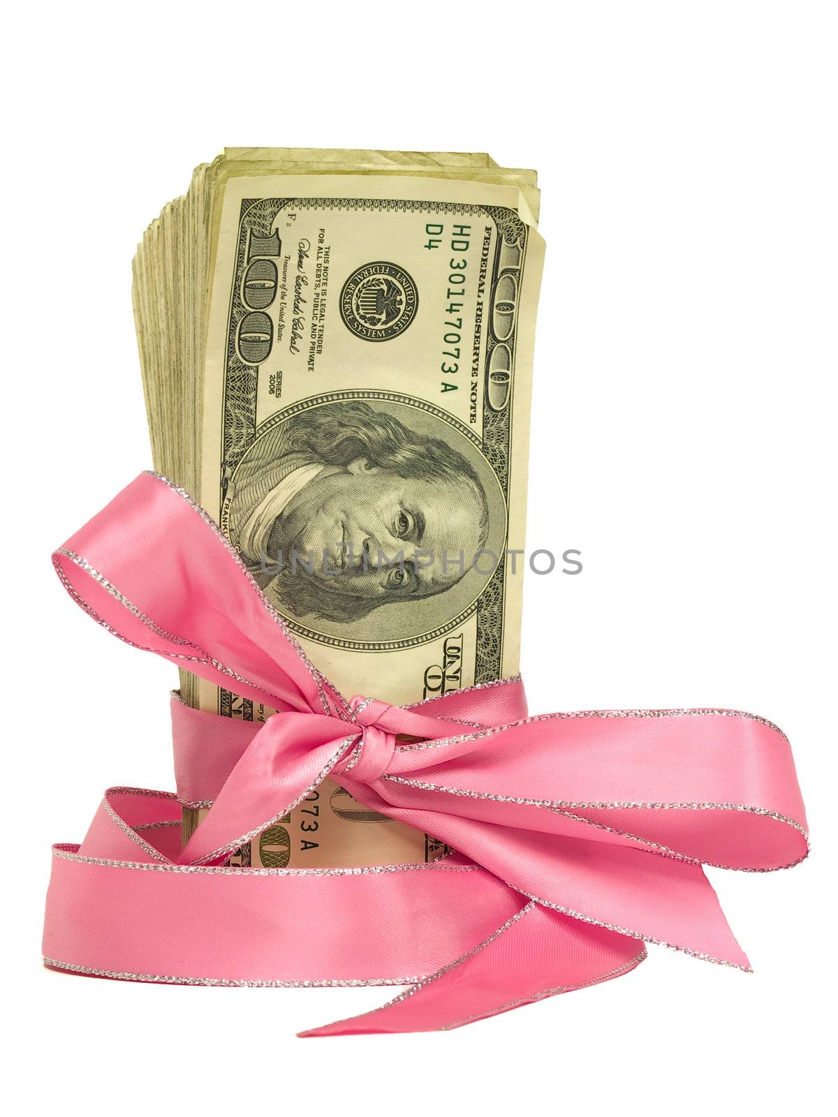 United States Currency Wrapped in a Pink Ribbon as a Gift