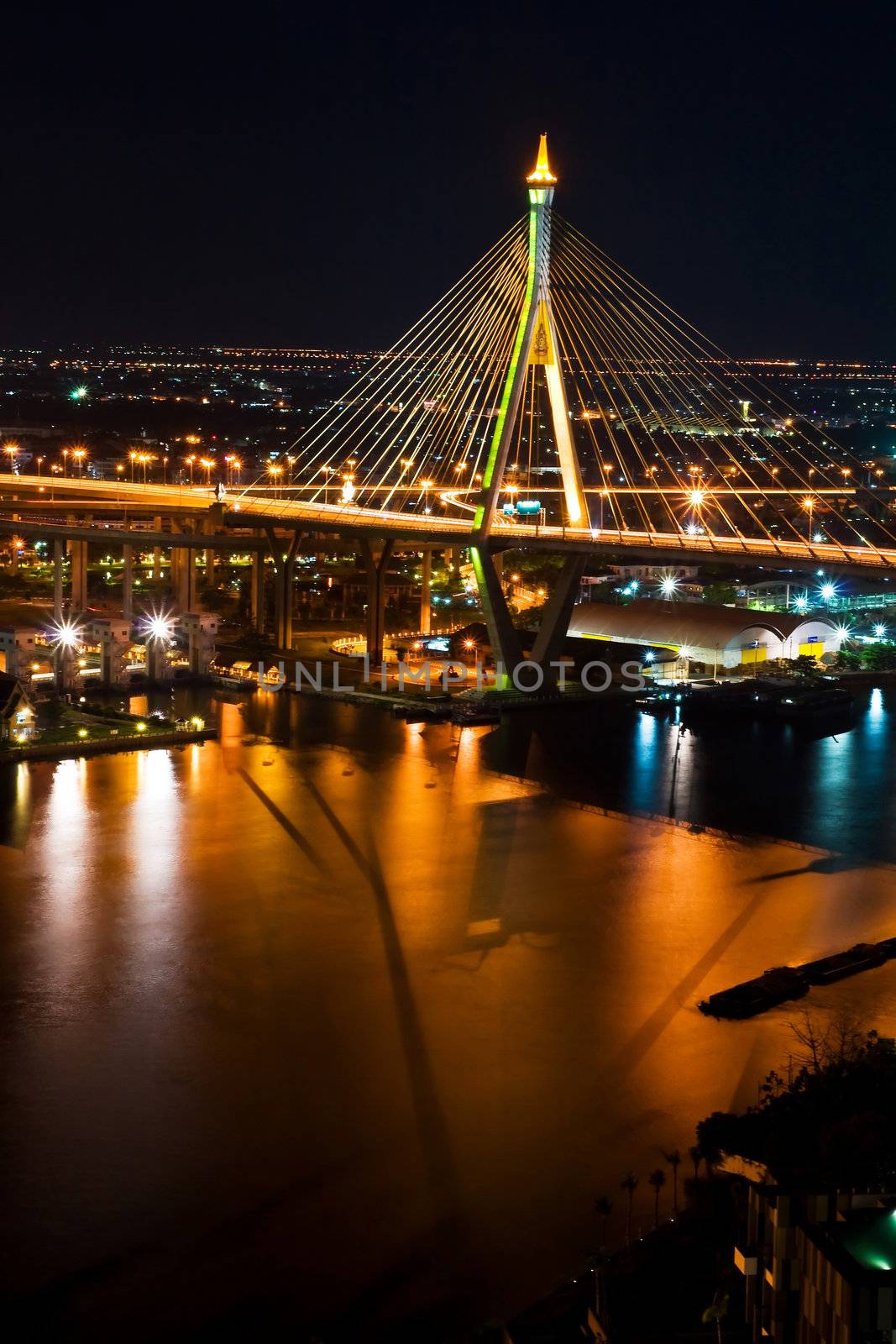 Thai Mega Sling Bridge in Thailand,Vertical. The bridge crosses the Chao Phraya River twice.