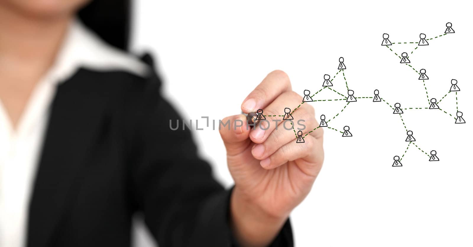 Asian business woman drawing Social Network Concept (selective focus)