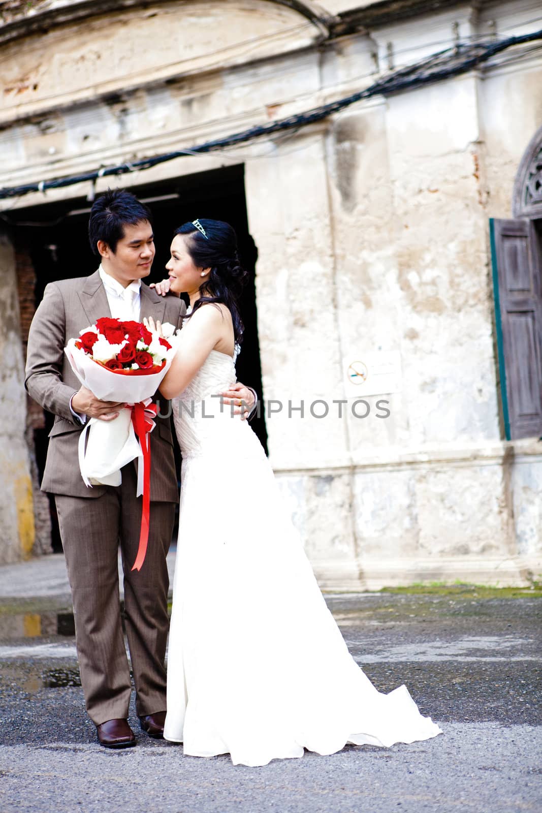 happiness and ramantic couples of Bride and groom seeing each other