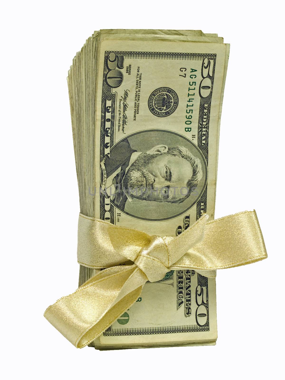 United States Currency Wrapped in a Gold Ribbon as a Gift Fifties