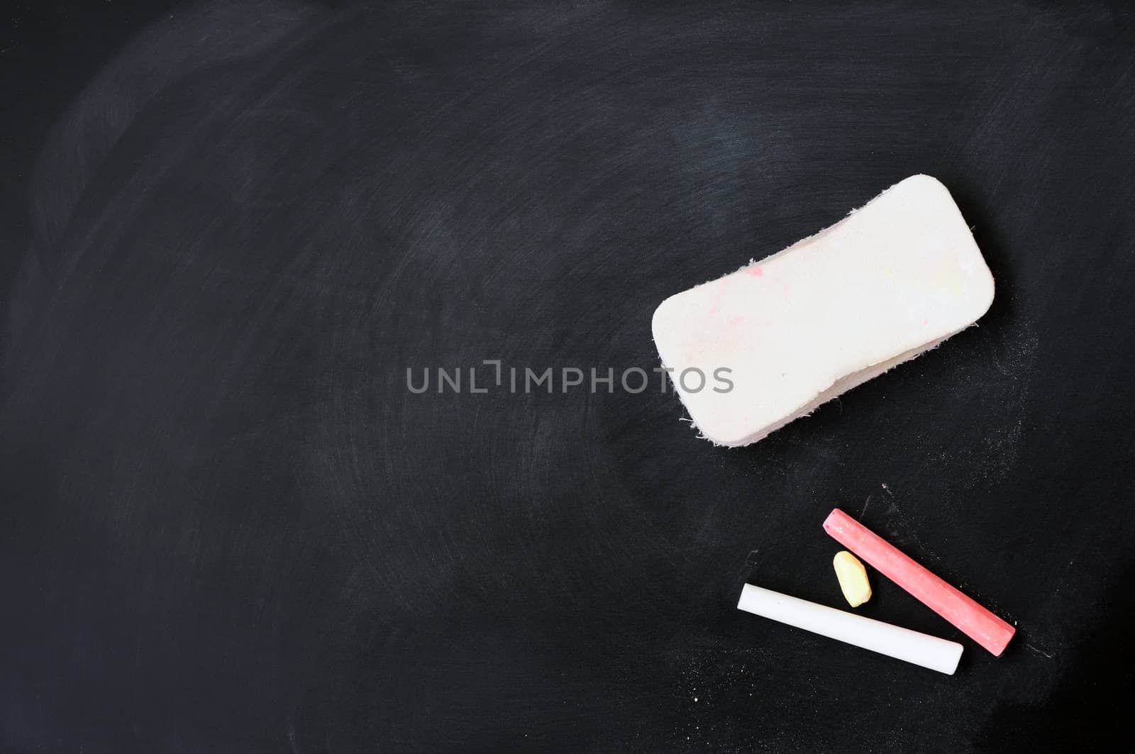 School blackboard or chalkboard, blank, with eraser and chalk