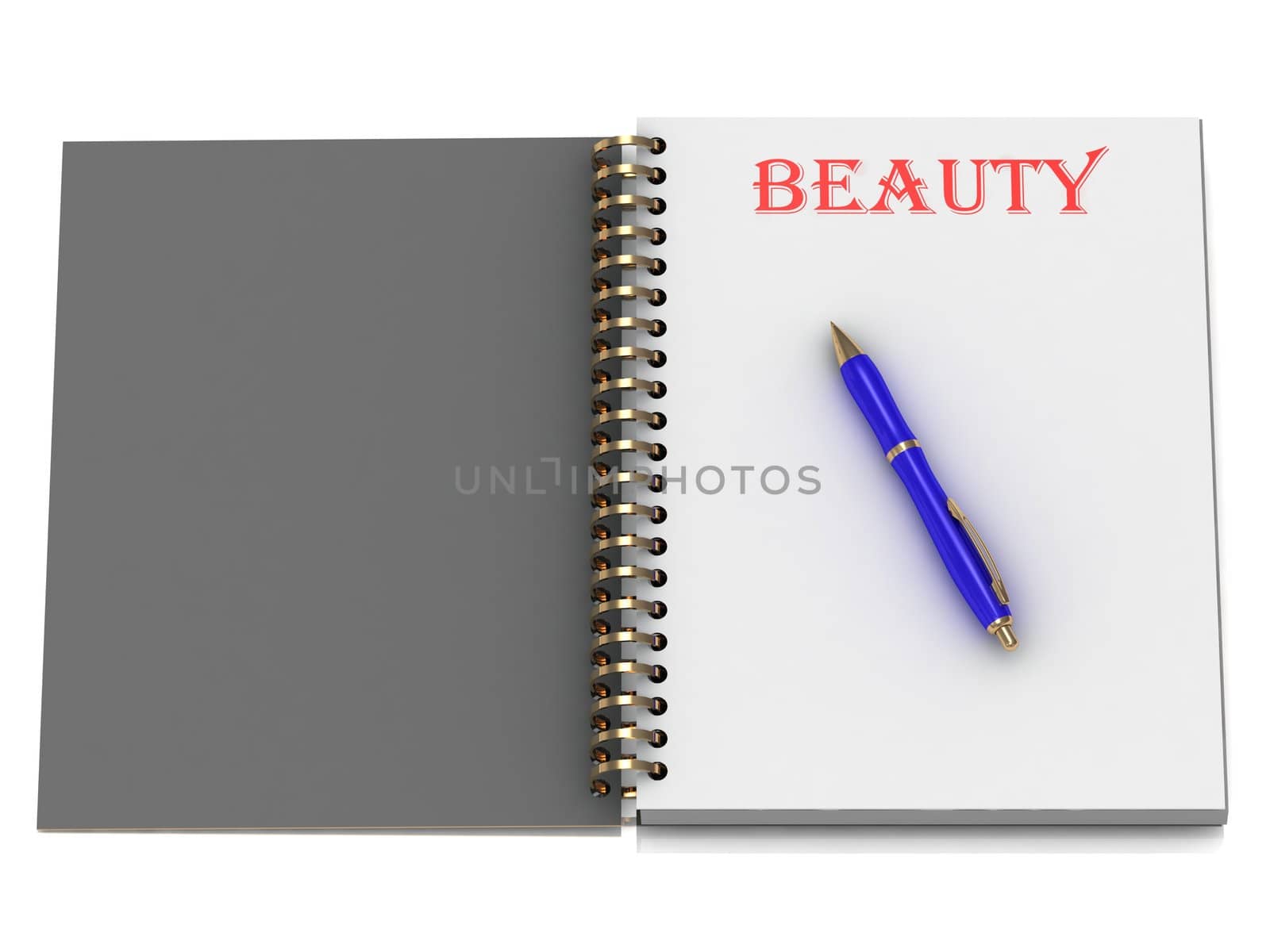 BEAUTY word on notebook page and the gold-blue pen. 3D illustration on white background