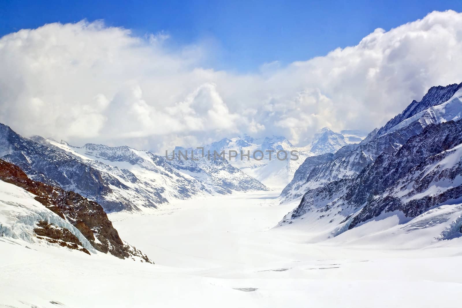 Closeup of Great Aletsch Glacier Jungfrau region,Part of Swiss Alpine Alps at Switzerland. Great Aletsch Glacier is one of the World Heritage by UNESCO